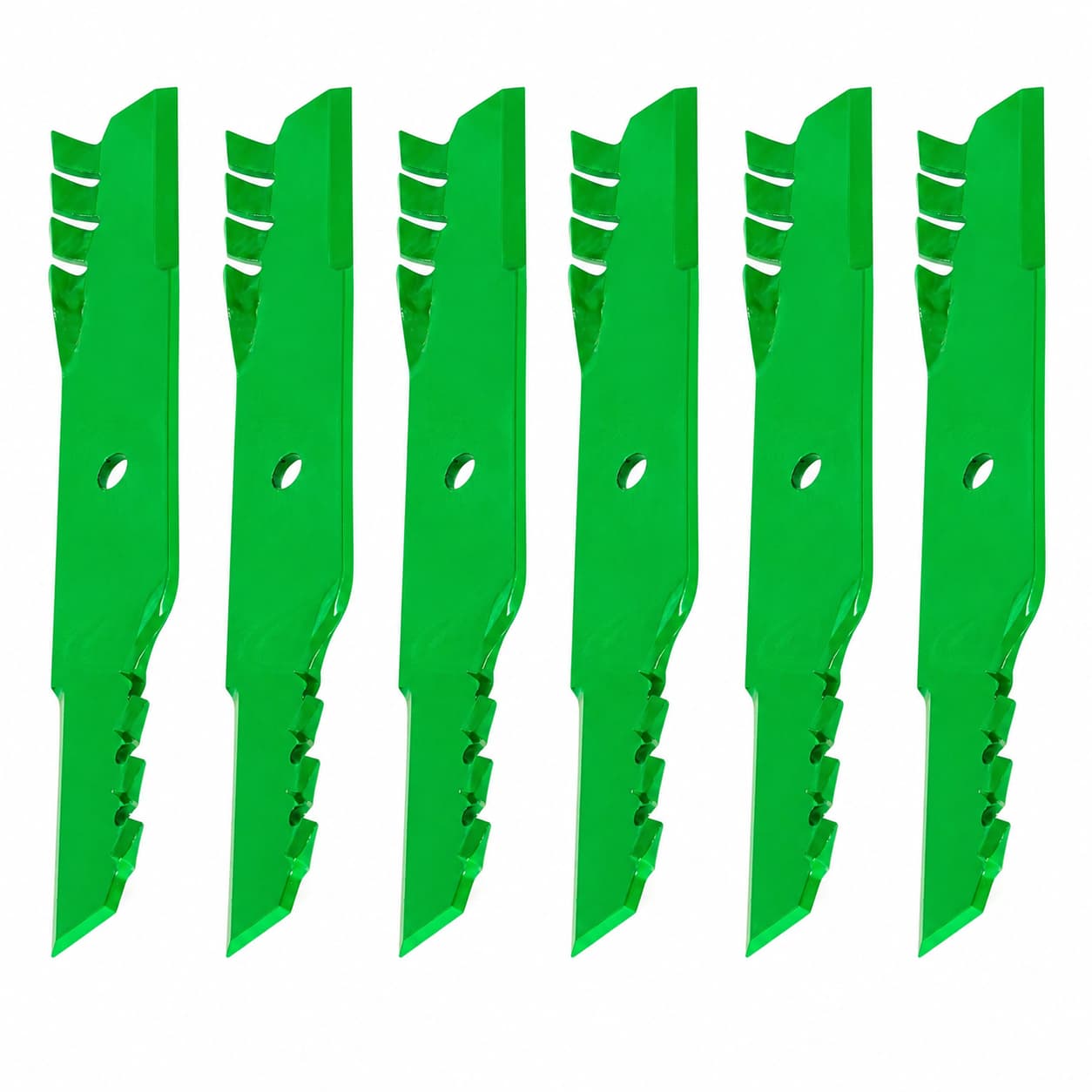 6-pack toothed mulching mower blades 038-5350-00 038-5000-00 for 48-inch Bad Boy, Scag, and Hustler decks.