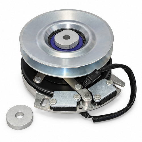 Multi-fit electric PTO clutch with silver pulley, T-plug extension lead and optional washer