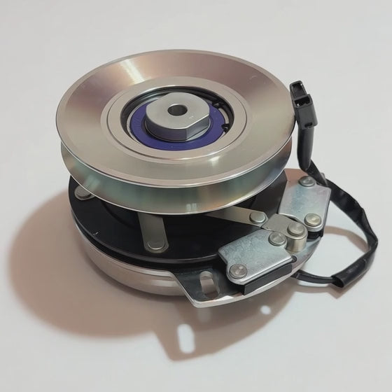 HD Big Bearing 917-04552A electric PTO clutch replacement video showing 6-inch pulley, 1-inch bore, large bearing construction, D-spacer, and T-style connector