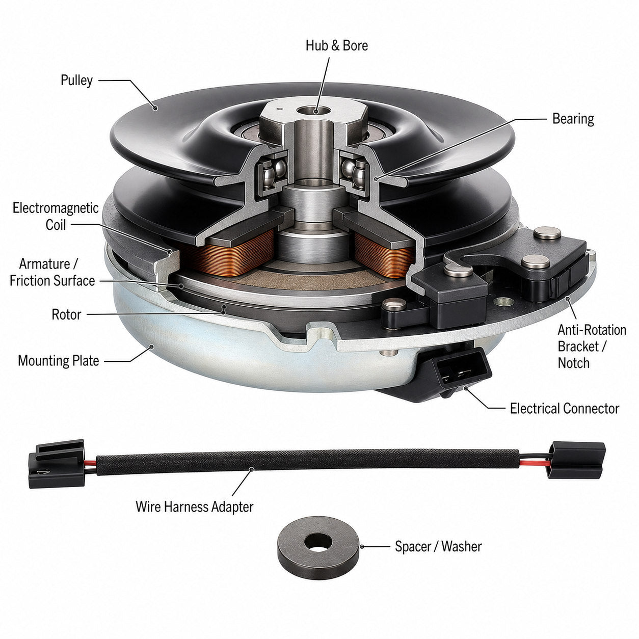 Educational cutaway diagram of an electric PTO clutch showing pulley, hub bore, bearing, electromagnetic coil, rotor, friction surface, anti-rotation bracket, electrical connector, wire harness adapter, and spacer washer.