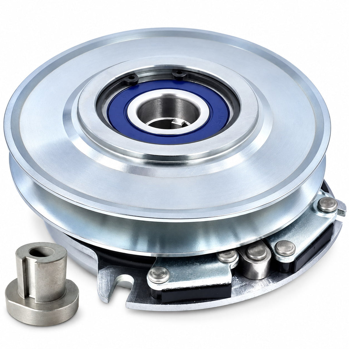 HD BIGBearing PTO clutch for Exmark 116-2983 showing silver pulley, blue bearing seal and separate keyed spacer