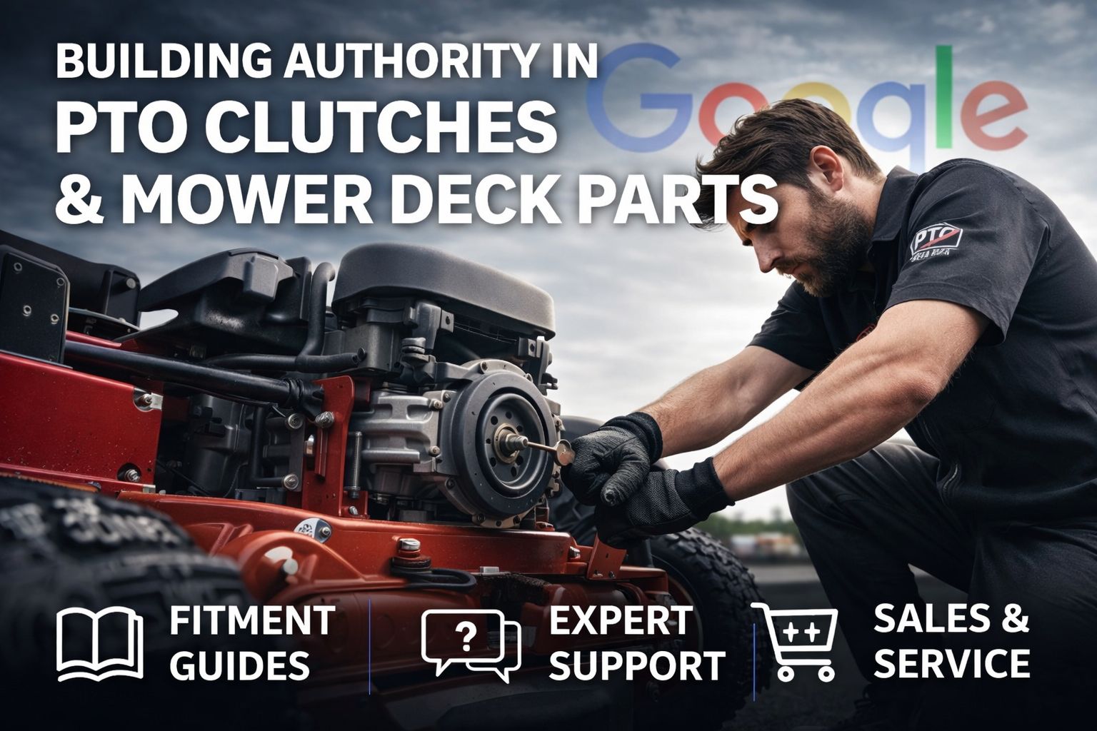 PTO Direct USA technician installing electric PTO clutch on zero turn mower, showcasing fitment expertise and mower deck system repair.
