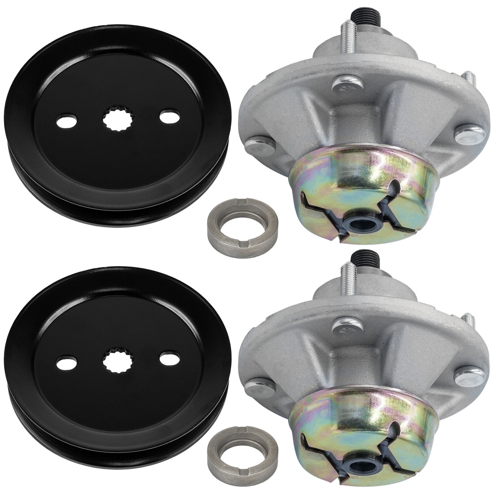 2 Spindle Assemblies + Pulley AM144377 spindle assembly for John Deere mower deck.