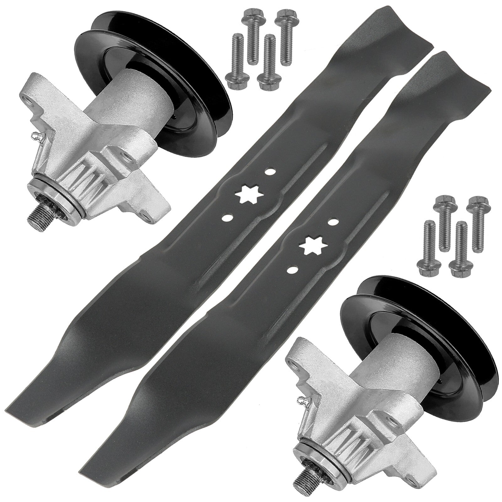 2 Spindle Assemblies + Pulley + Blade 618-04125 spindle assembly for MTD Cub Cadet mower deck.