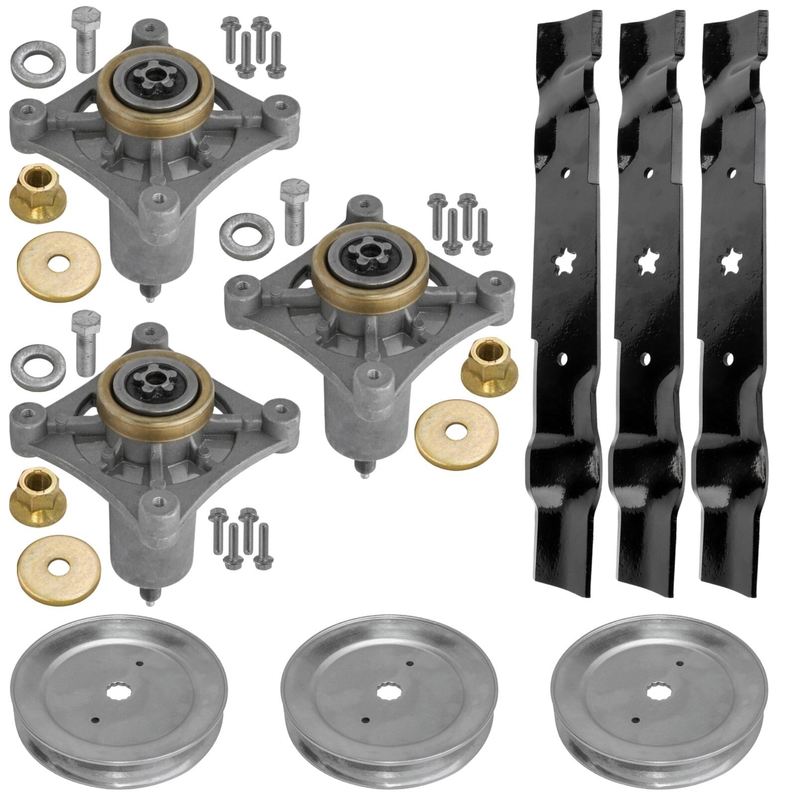 3 Spindle Assemblies + Pulley + Blade 21549012 spindle assembly for Dixon Husqvarna mower deck.