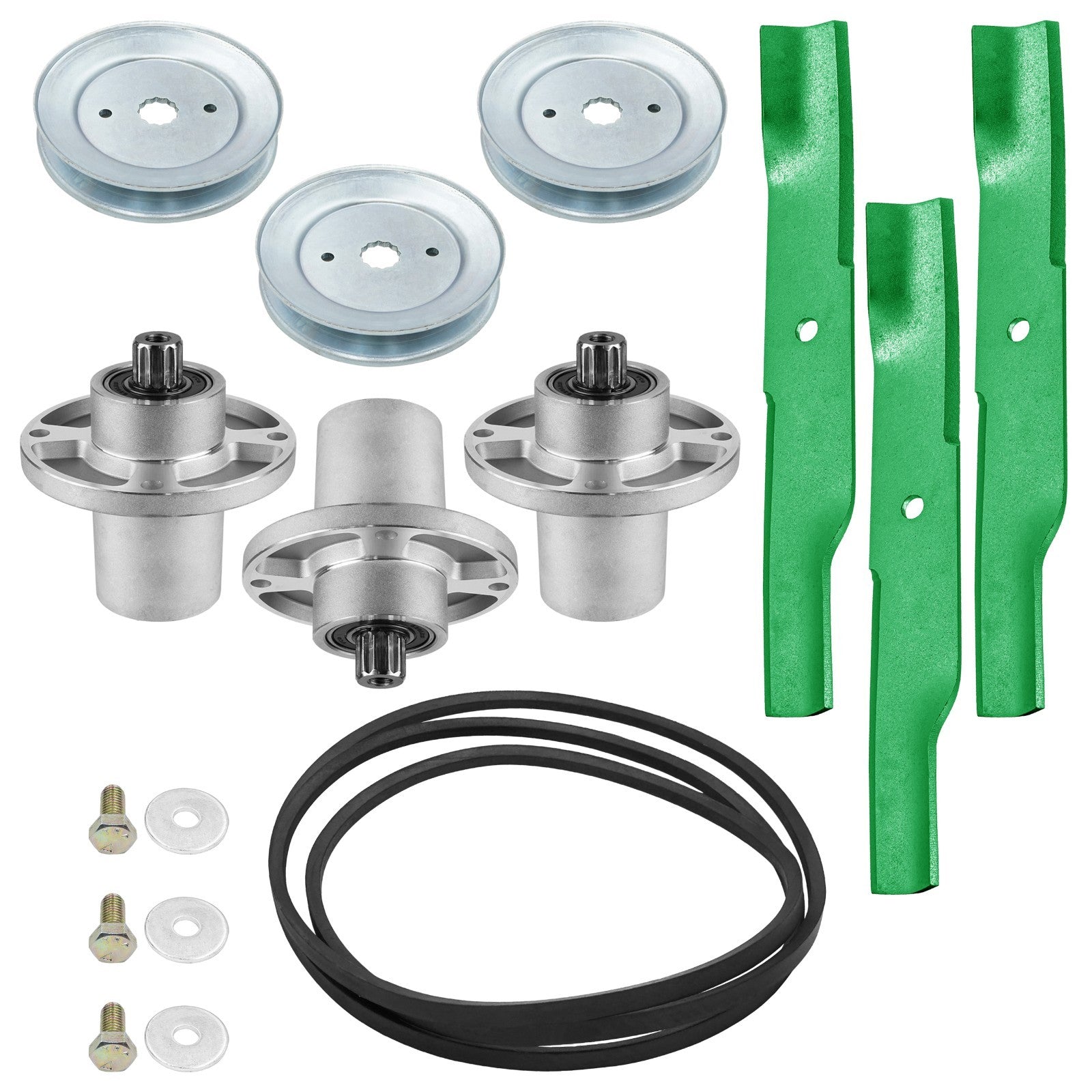 3 Spindle Assemblies + Blade + Belt 607418 spindle assembly for Hustler John Deere mower deck.