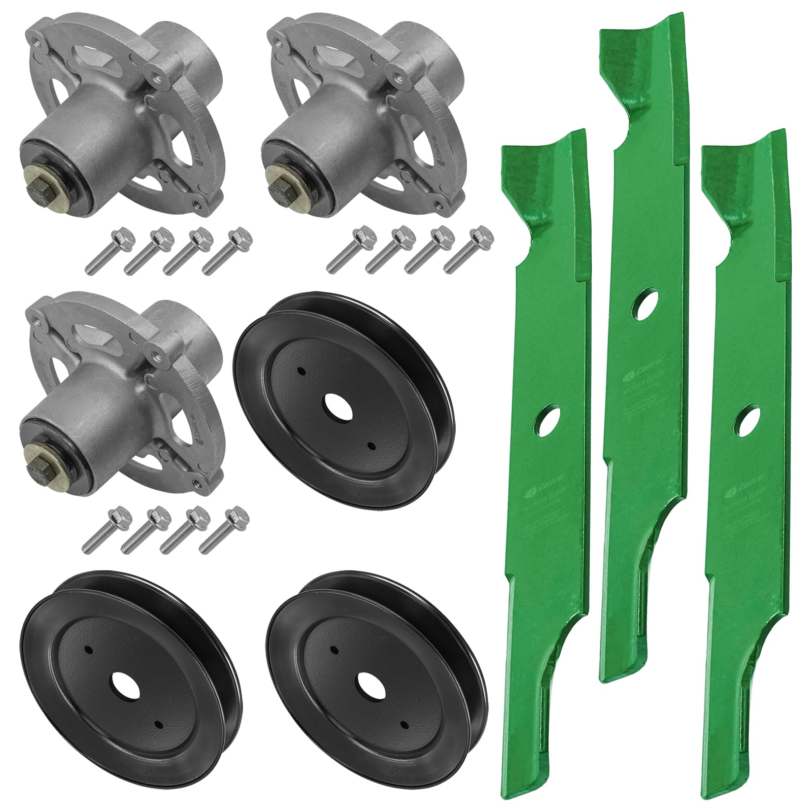 3 Spindle Assemblies + Pulley + Blade 84003654 spindle assembly for Murray Simplicity mower deck.