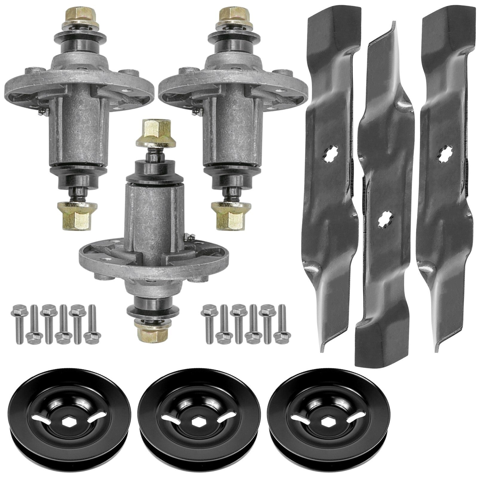 3 Spindle Assemblies + Pulley + Blade GY20454 spindle assembly for John Deere mower deck.