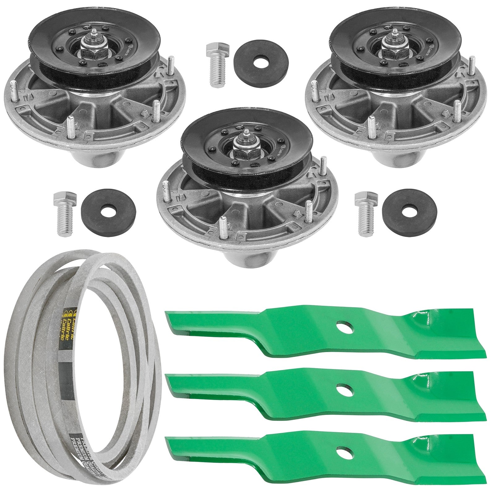 3 Spindle Assemblies + Belt AM144423 spindle assembly for John Deere Exmark mower deck.