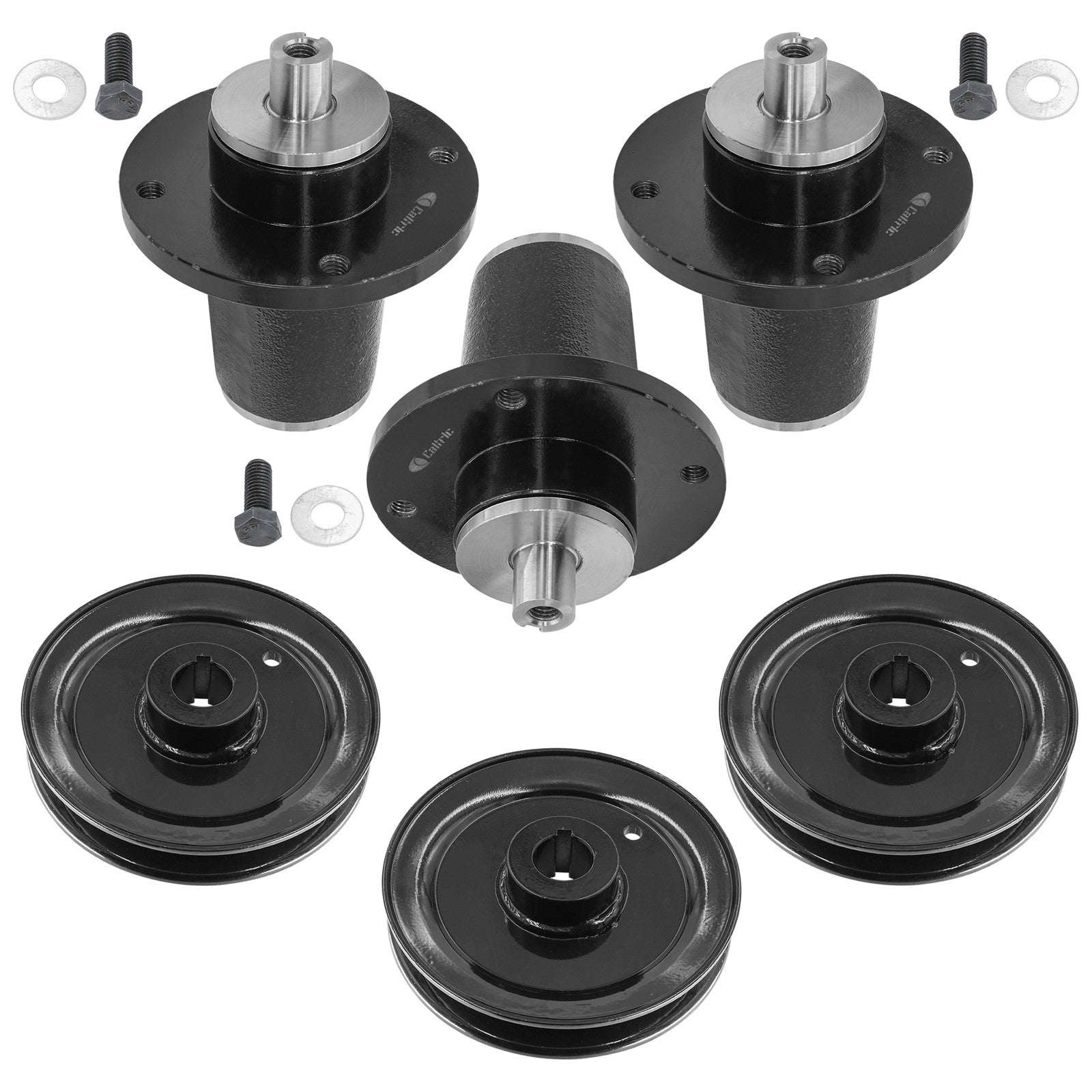 3 Spindle Assemblies + Pulley 607407 spindle assembly for Hustler Scag mower deck.