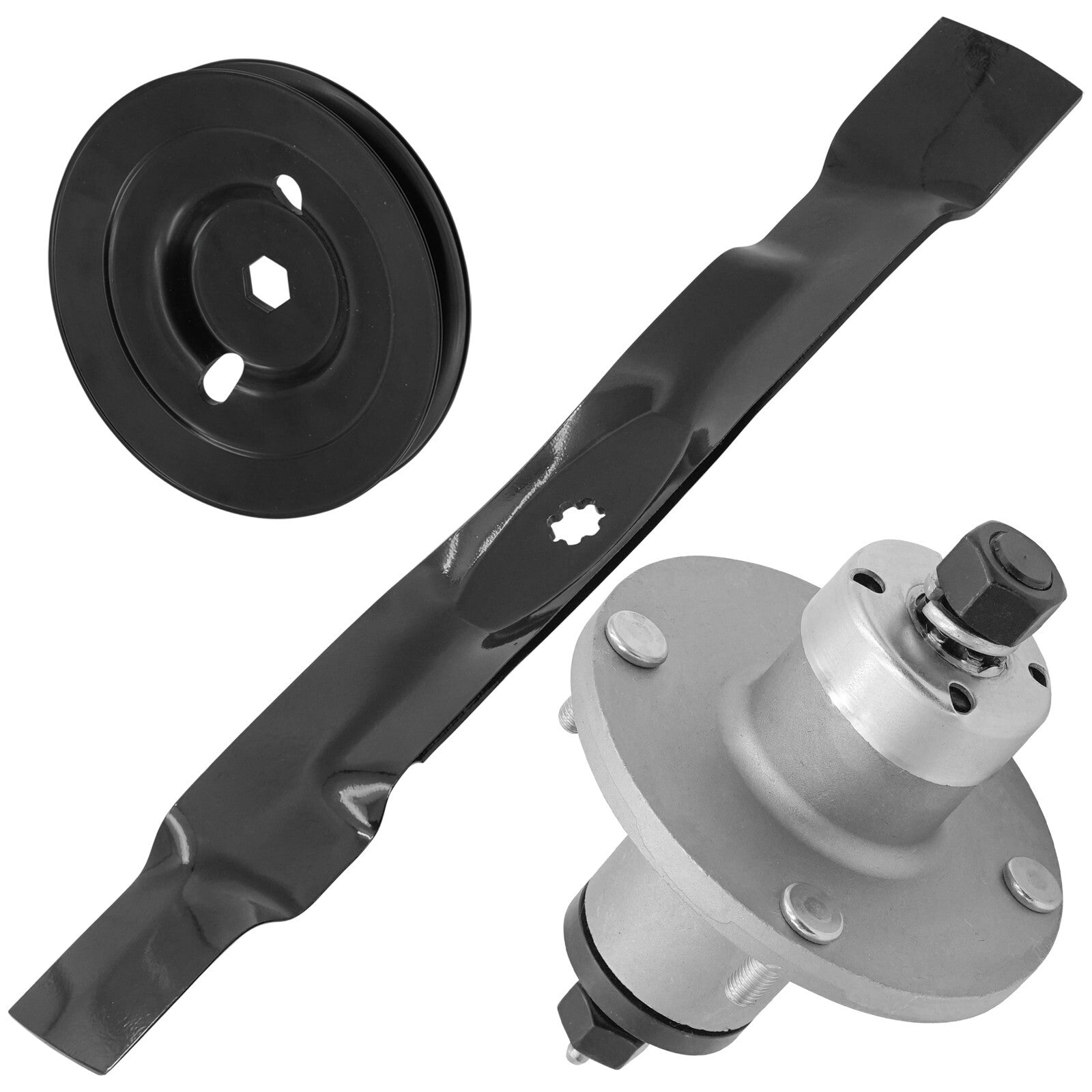 1 Spindle Assembly + Pulley + Blade AM136733 spindle assembly for John Deere mower deck.