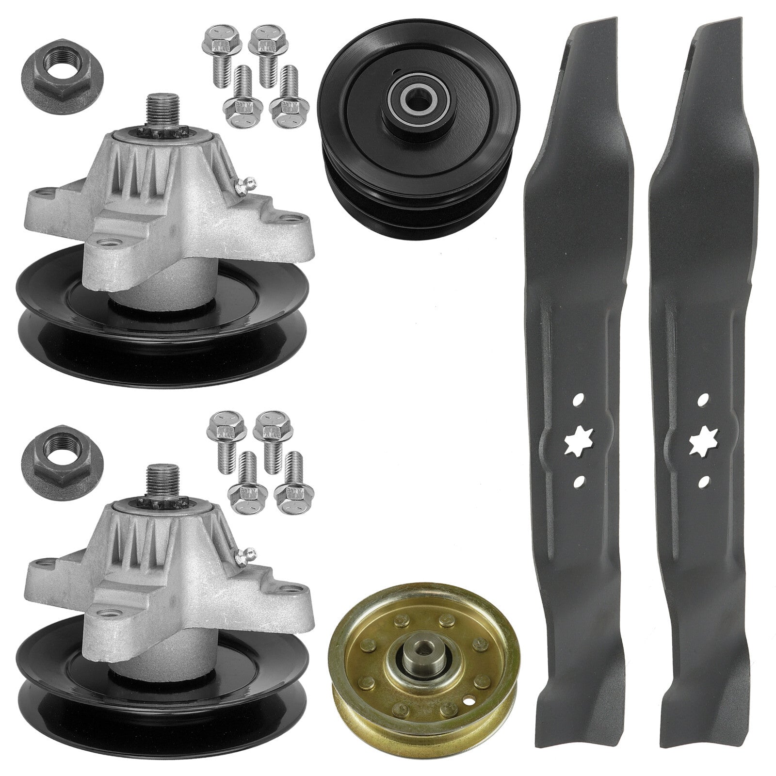 2 Spindle Assemblies + Pulley 918-0574C spindle assembly for MTD Troy-Bilt mower deck.