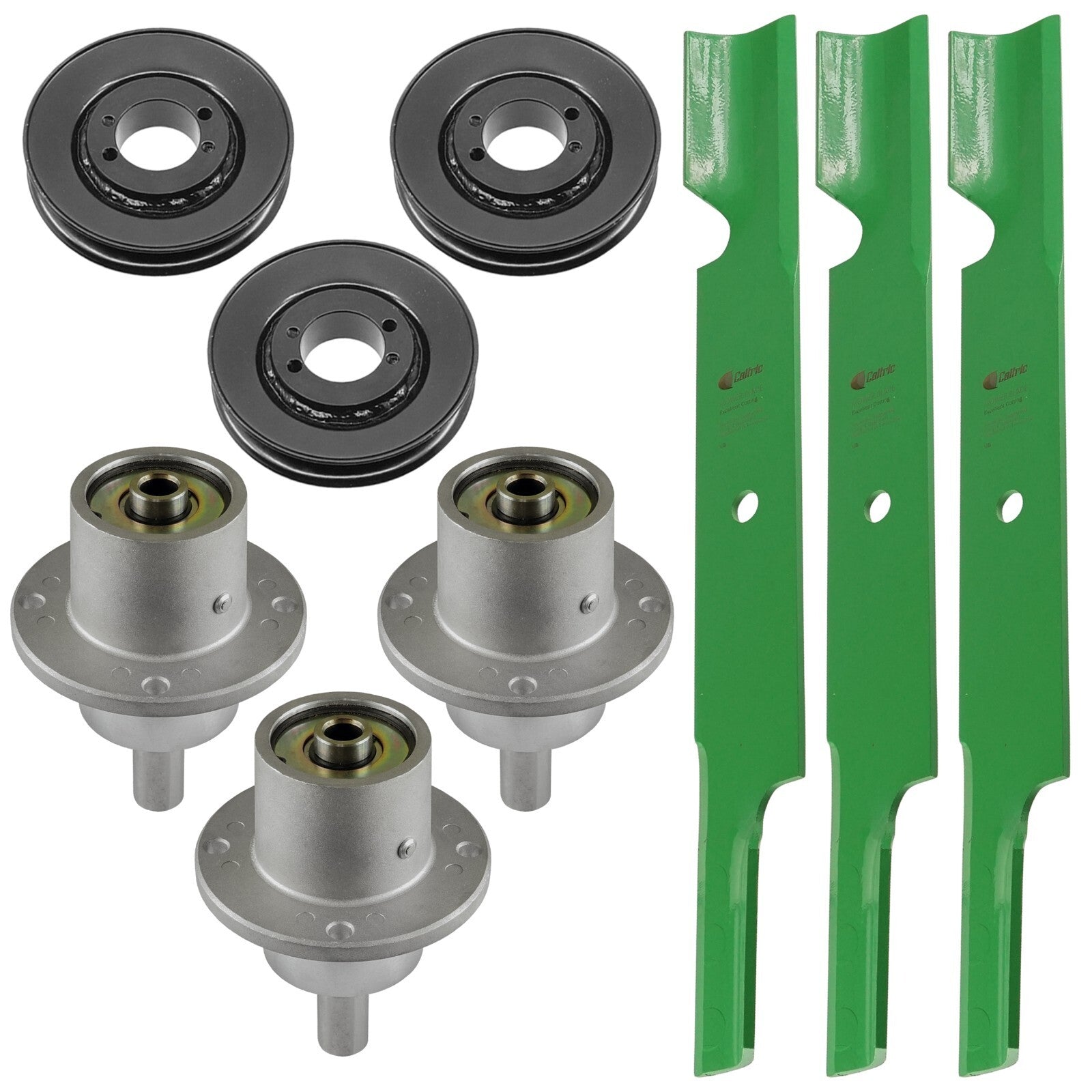 3 Spindle Assemblies + Pulley + Blade 71460007 spindle assembly for Ferris John Deere mower deck.