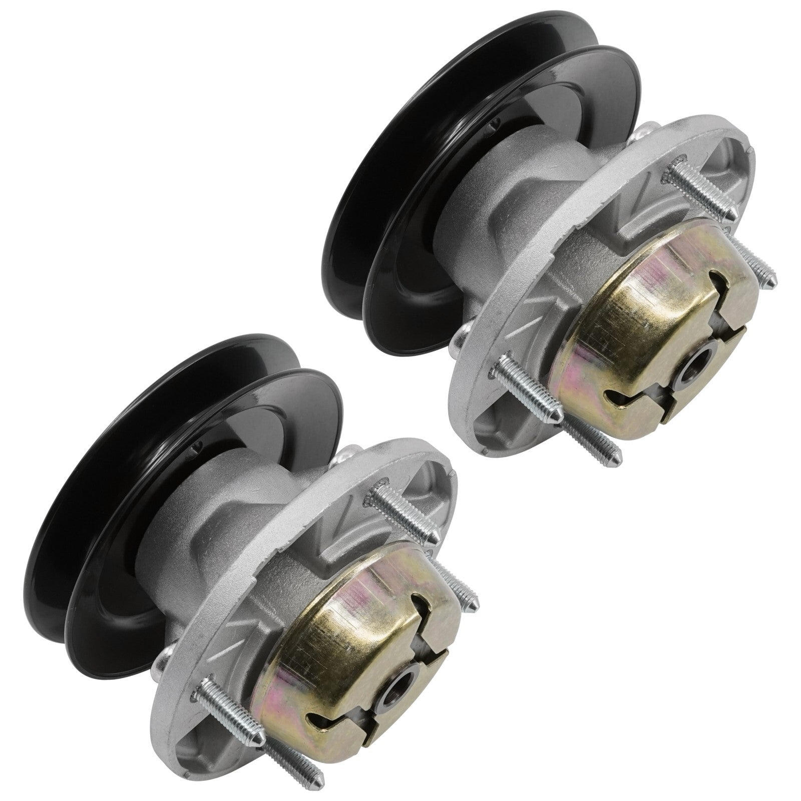 2 Spindle Assemblies + Pulley + Hardware AM126418D spindle assembly for John Deere mower deck.