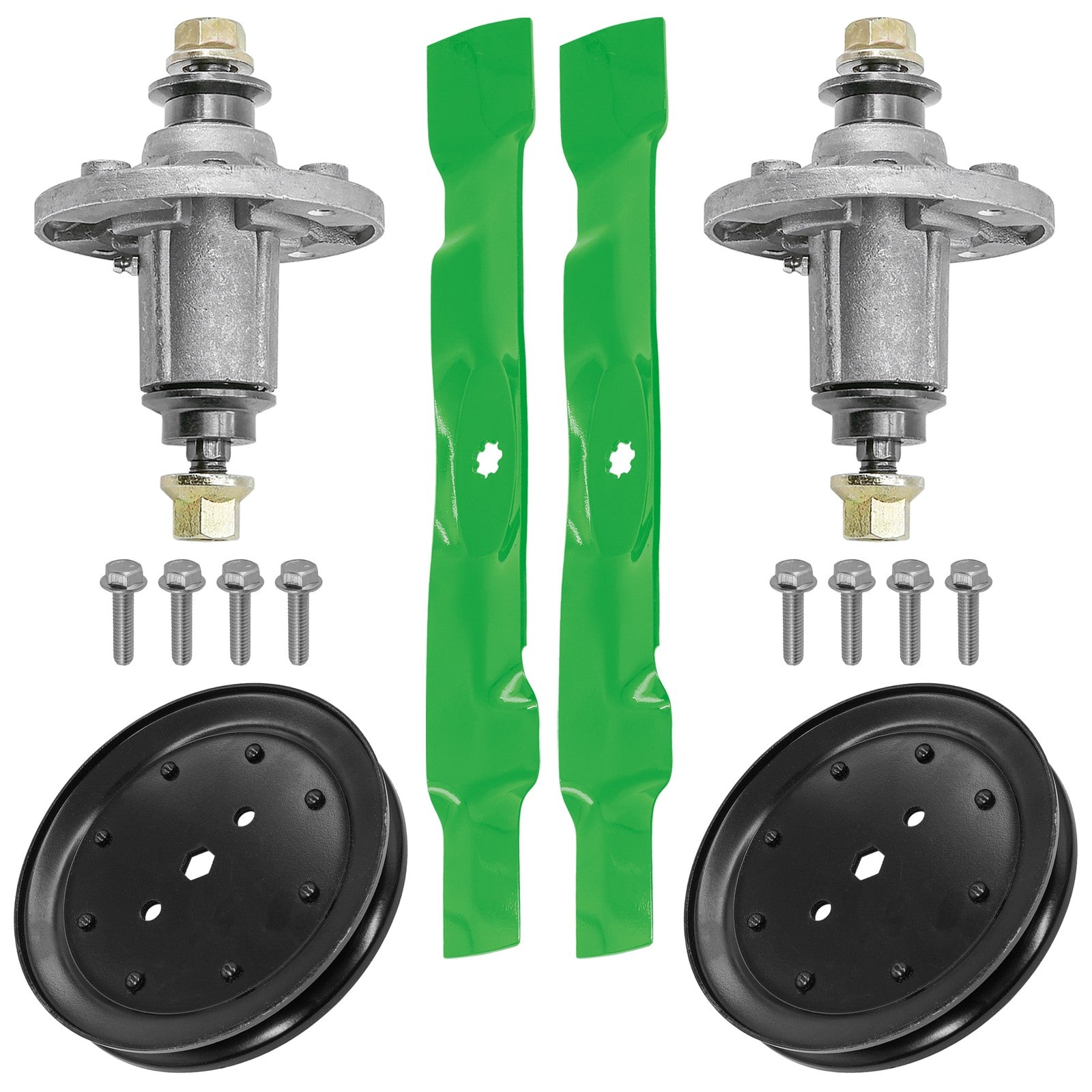 2 Spindle Assemblies + Pulley + Blade GY20454 spindle assembly for John Deere mower deck.