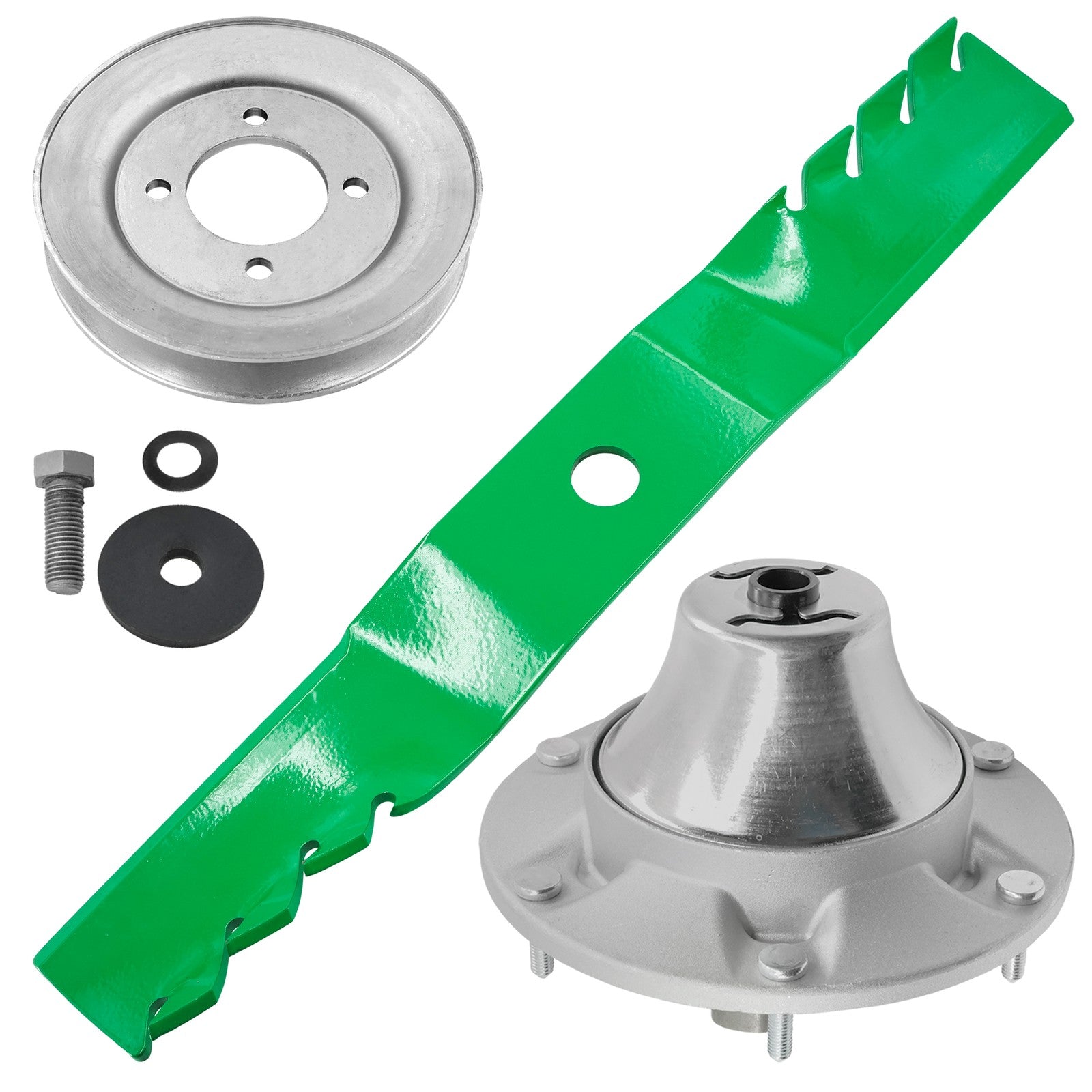 1 Spindle Assembly + Pulley + Blade TCA17517 spindle assembly for John Deere mower deck.
