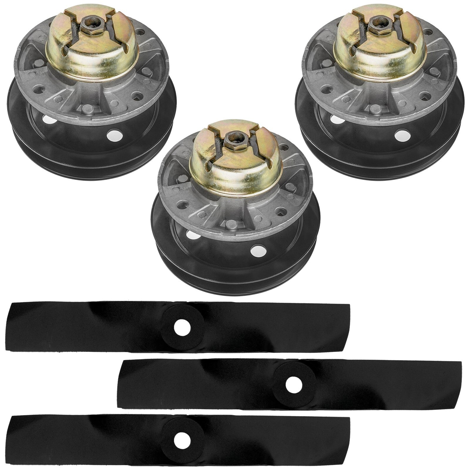 3 Spindle Assemblies + Pulley + Blade AM121342 spindle assembly for John Deere mower deck.