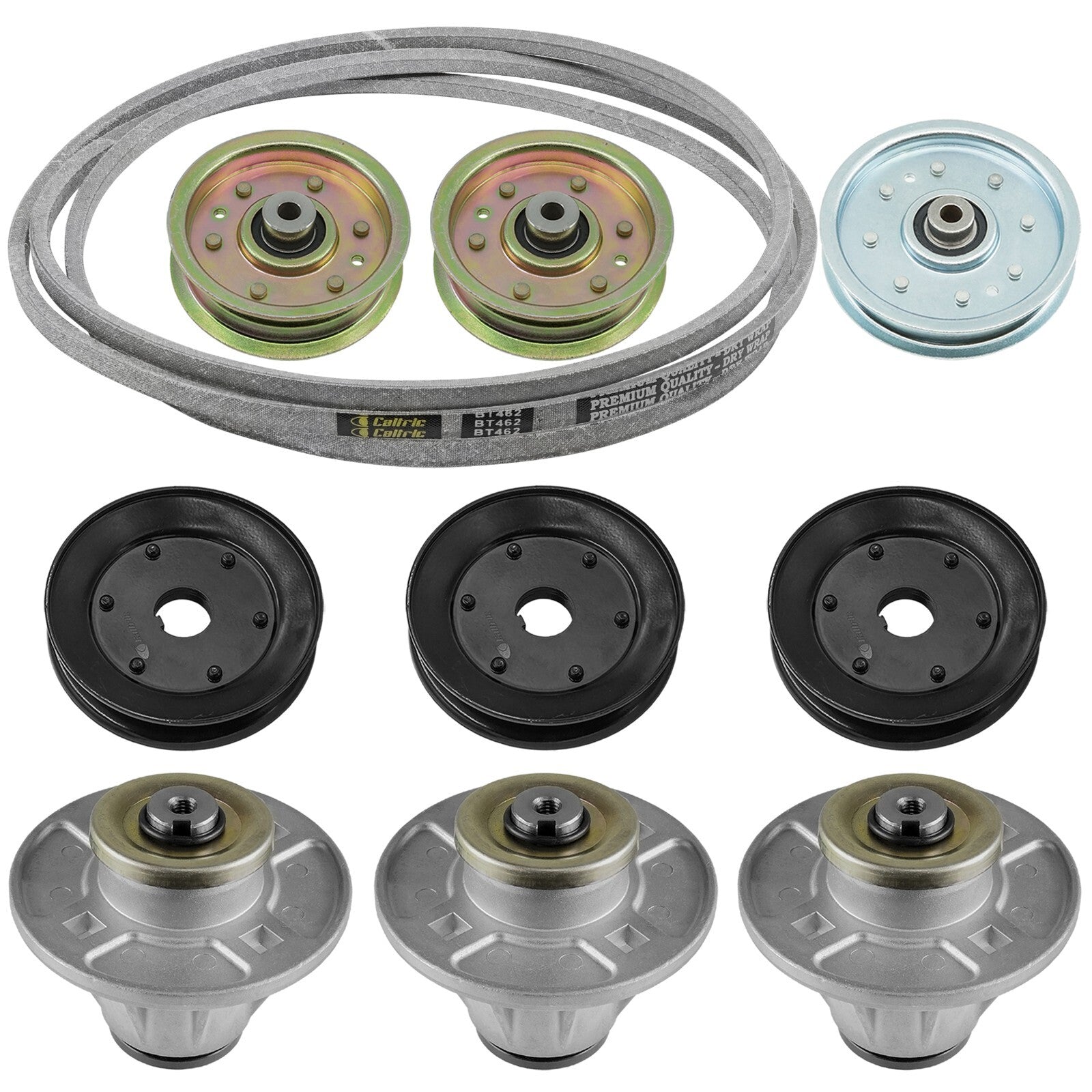 3 Spindle Assemblies + Pulley + Belt 51510000 spindle assembly for Ariens Gravely mower deck.