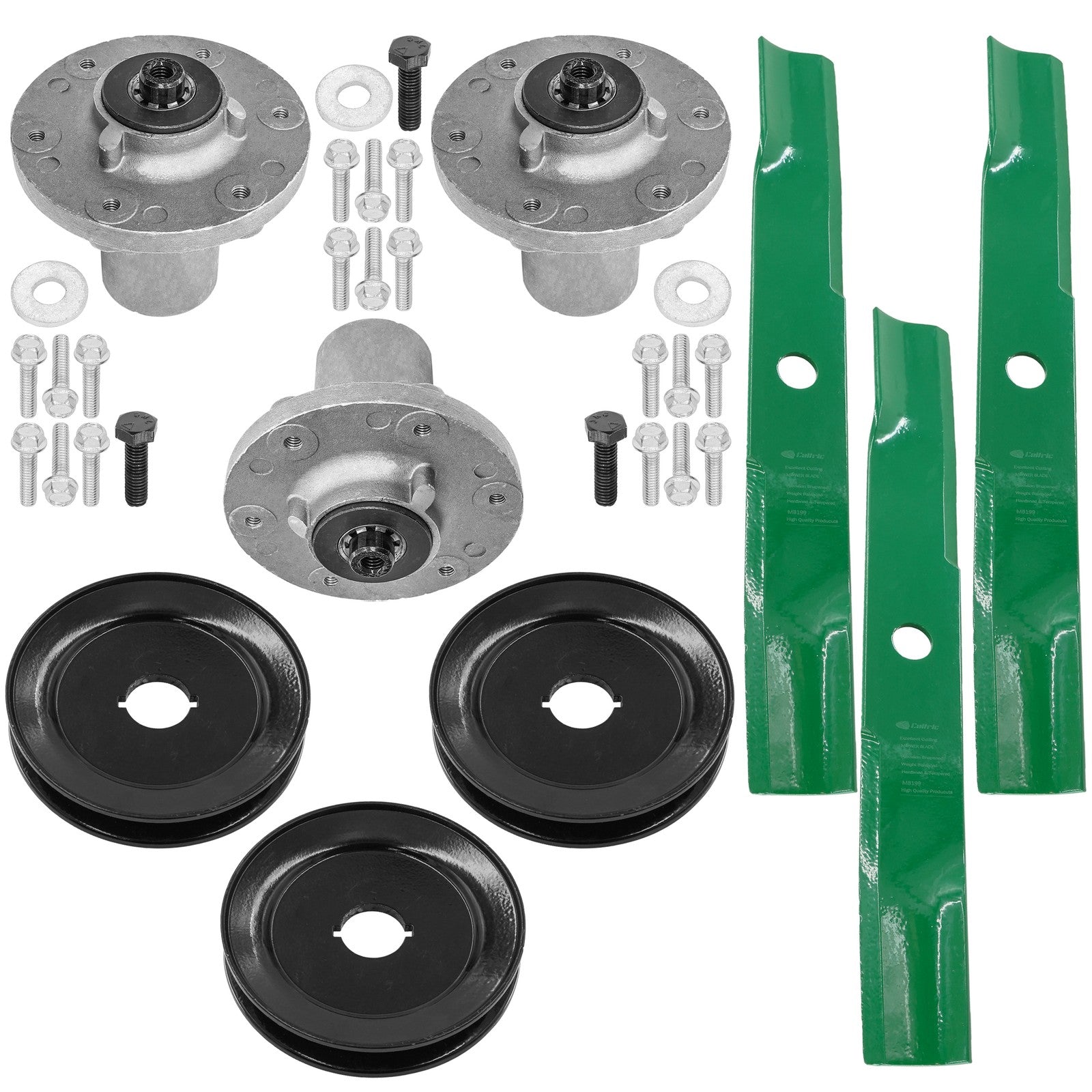 3 Spindle Assemblies + Pulley + Blade 84003173 spindle assembly for Snapper Ferris mower deck.
