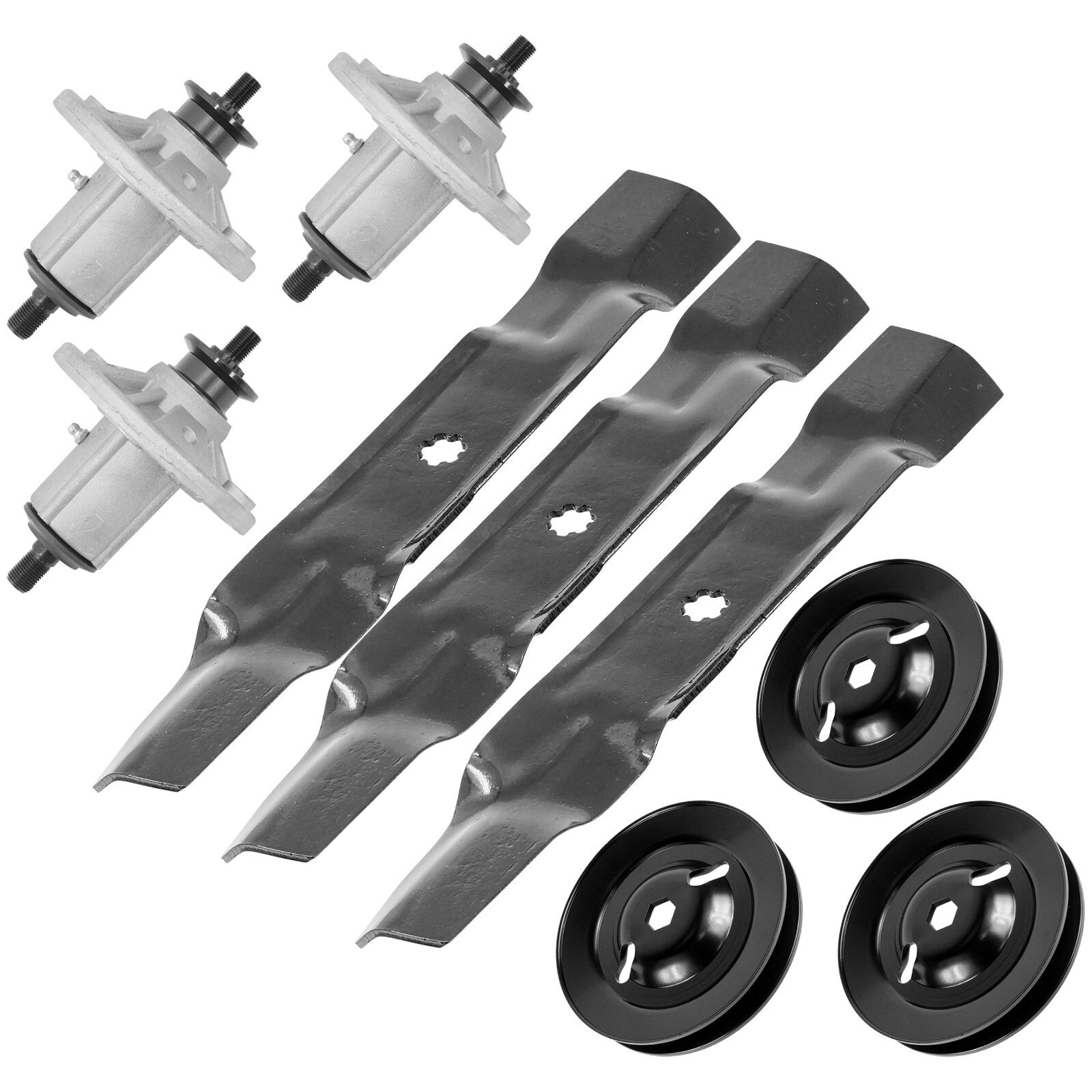 3 Spindle Assemblies + Pulley + Blade AM136733 spindle assembly for John Deere mower deck.
