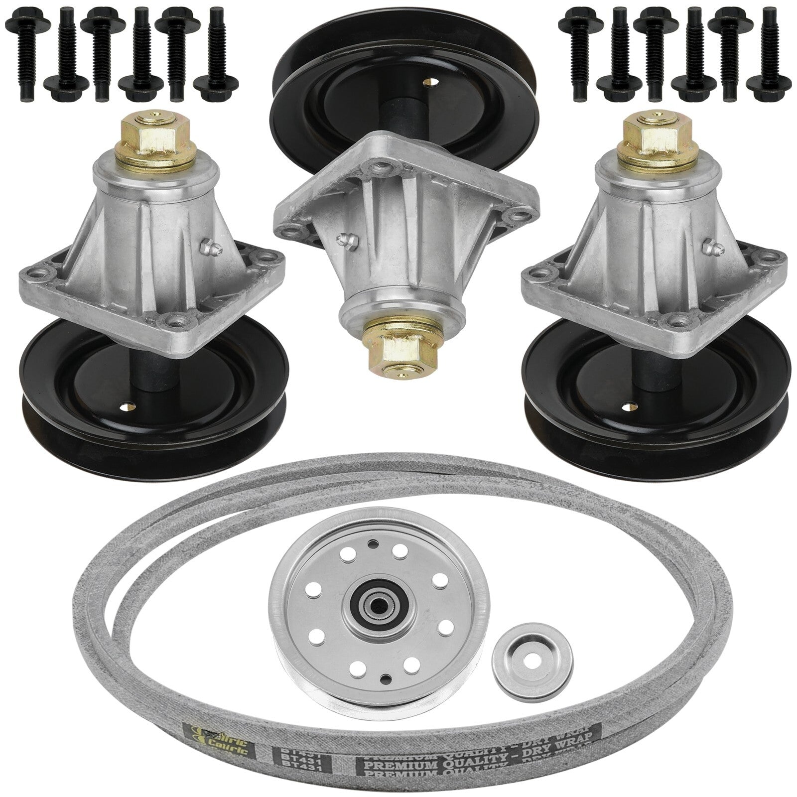3 Spindle Assemblies + Pulley + Belt 618-04123B spindle assembly for Cub Cadet MTD mower deck.