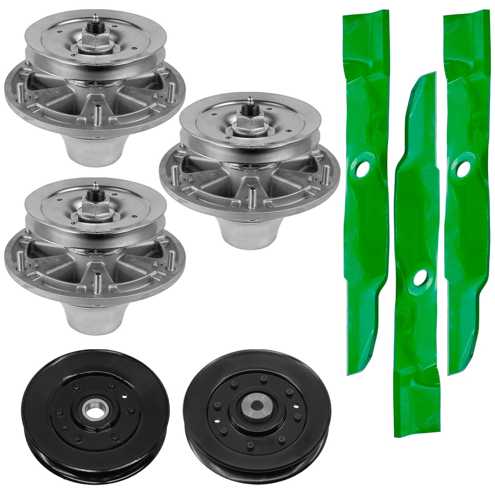 1 Spindle Assembly + Pulley + Blade AM124339 spindle assembly for John Deere mower deck.