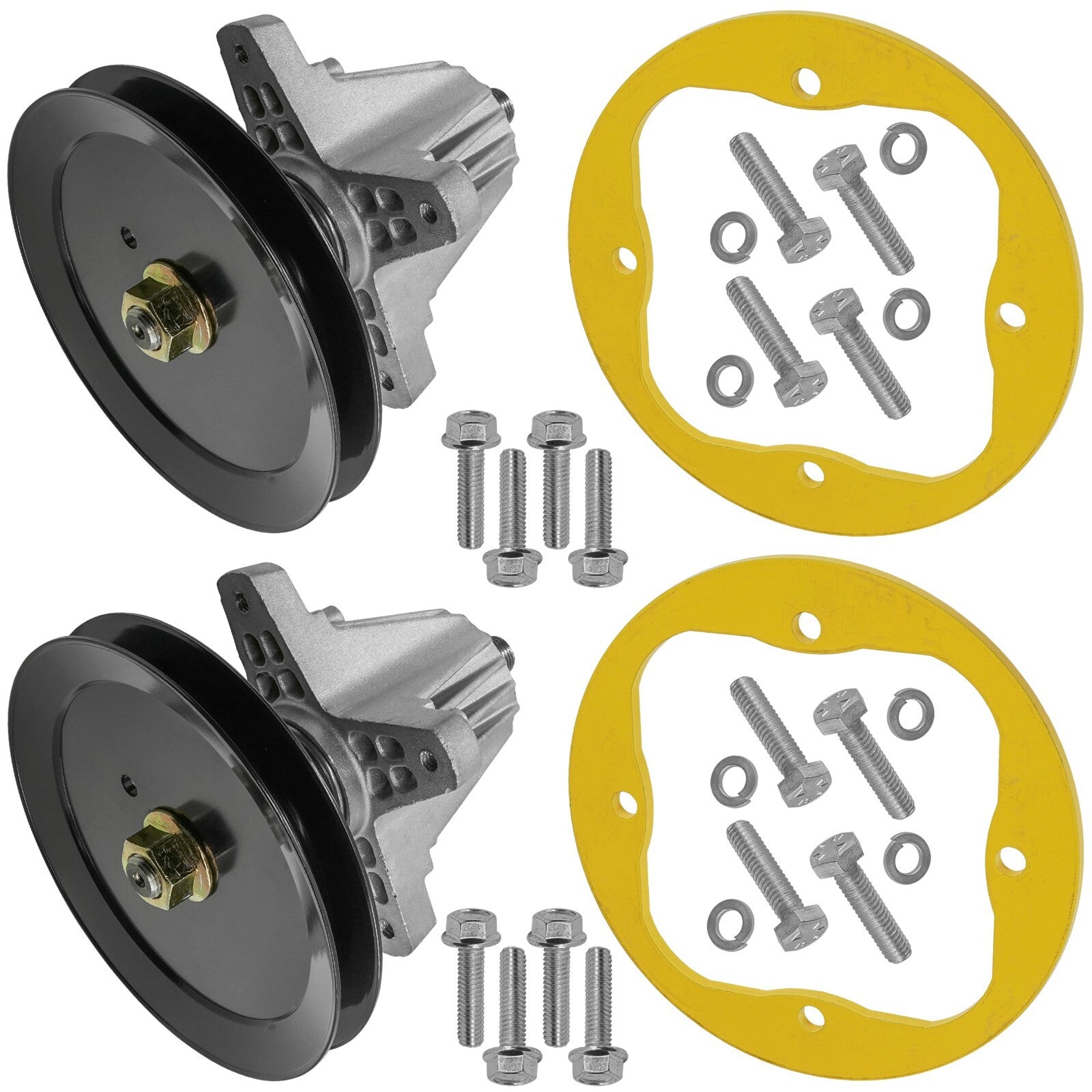 2 Spindle Assemblies + Pulley + Hardware 918-04865A spindle assembly for Cub Cadet MTD mower deck.