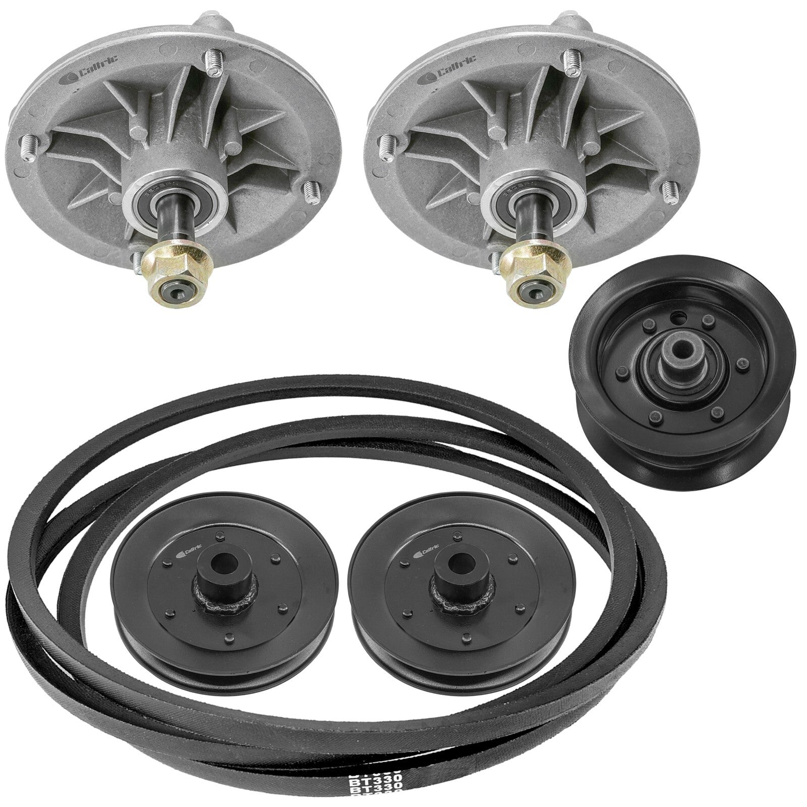 2 Spindle Assemblies + Pulley + Belt 884510 spindle assembly for Toro mower deck.