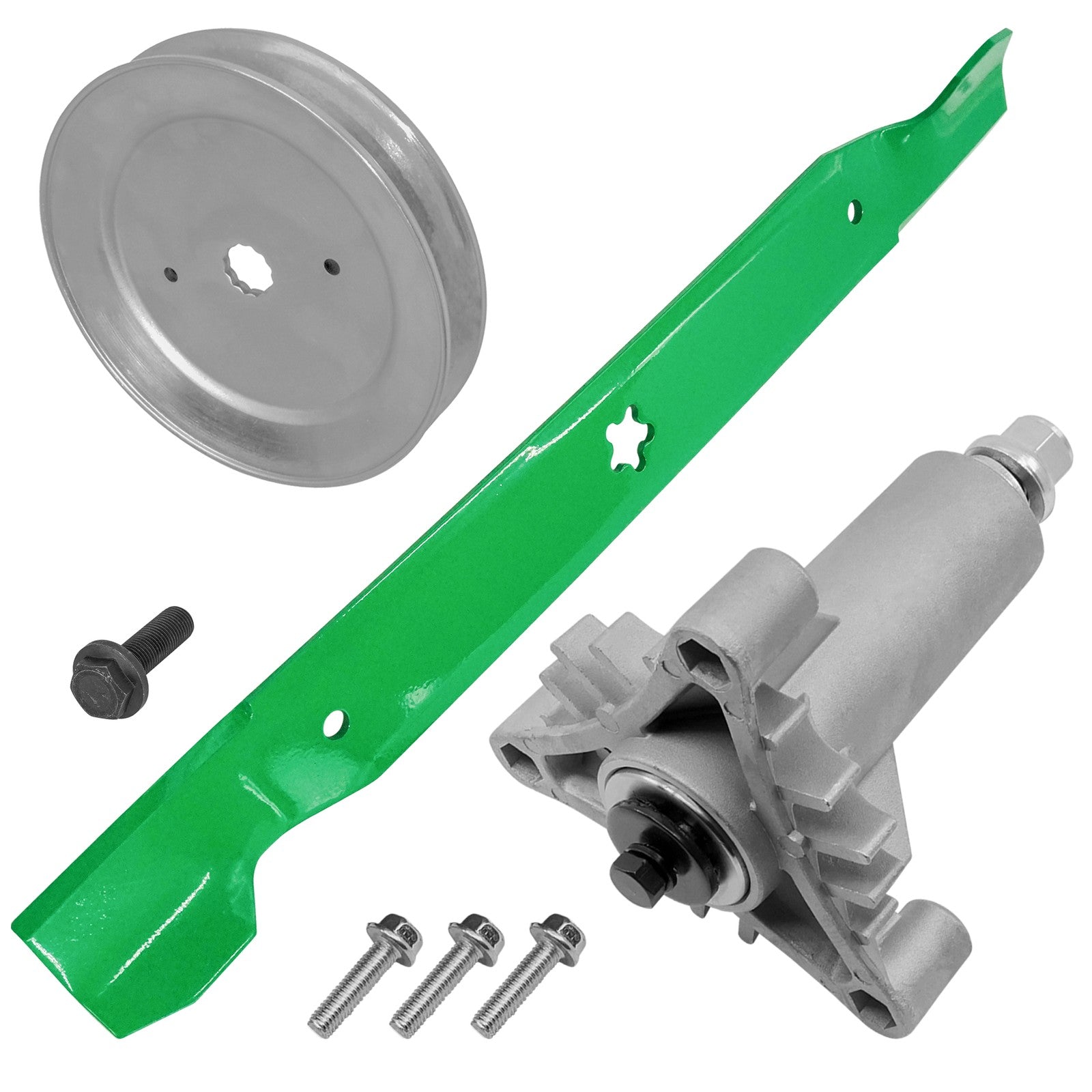 1 Spindle Assembly + Pulley + Blade + Hardware 532130794 spindle assembly for Husqvarna Poulan mower deck.