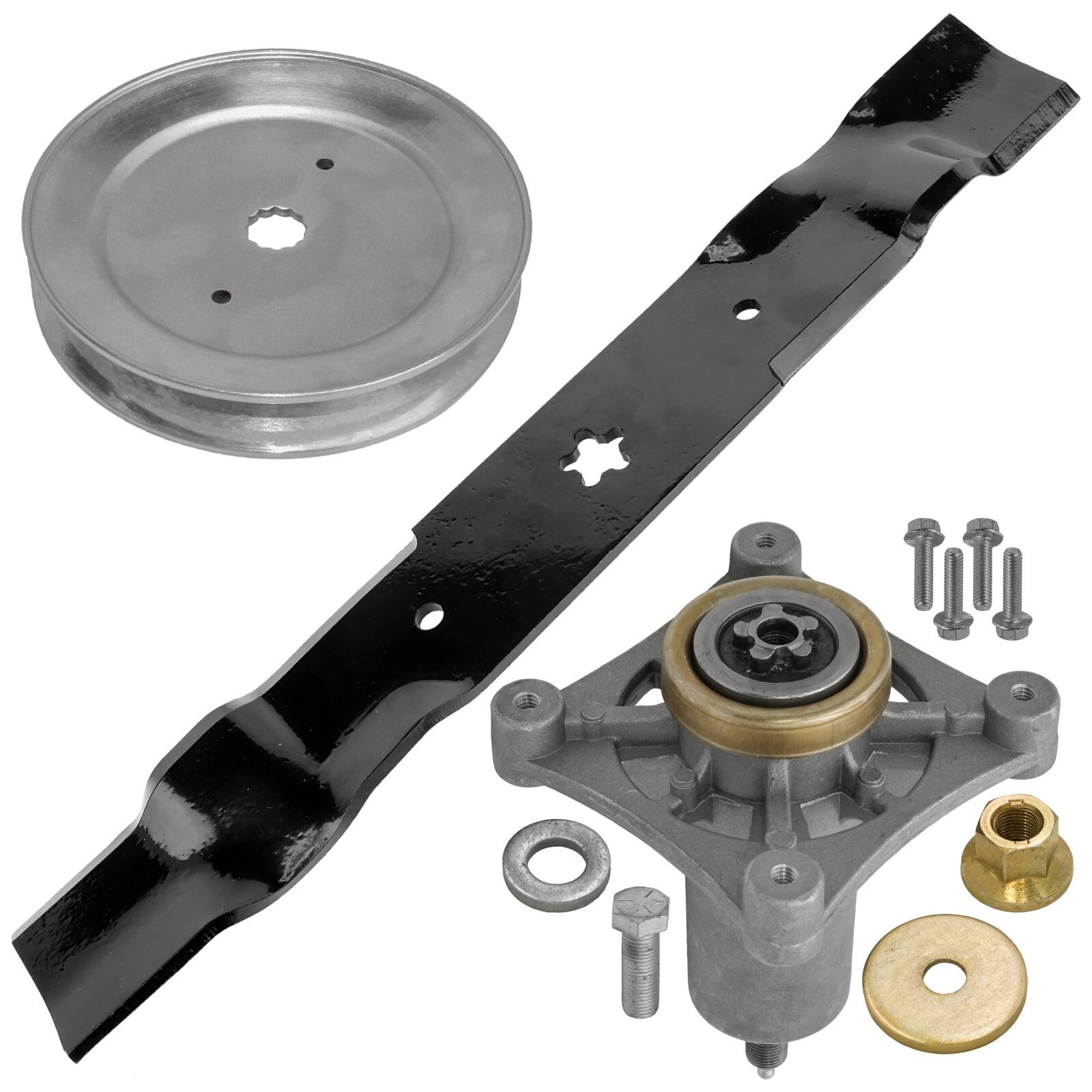 1 Spindle Assembly + Pulley + Blade 21549012 spindle assembly for Dixon Husqvarna mower deck.