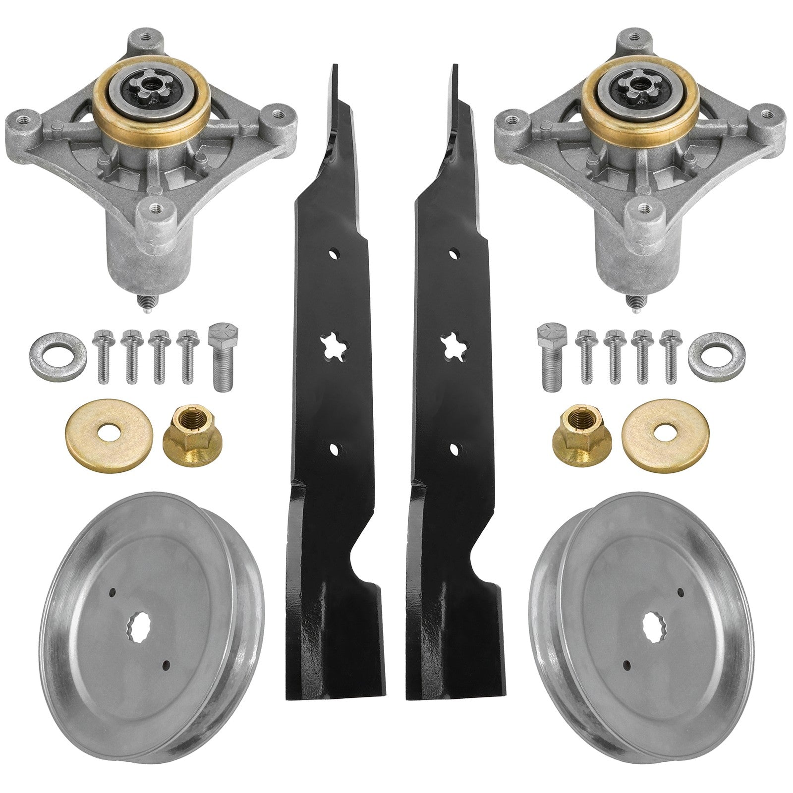 2 Spindle Assemblies + Pulley + Blade 21547026 spindle assembly for Husqvarna Ariens mower deck.