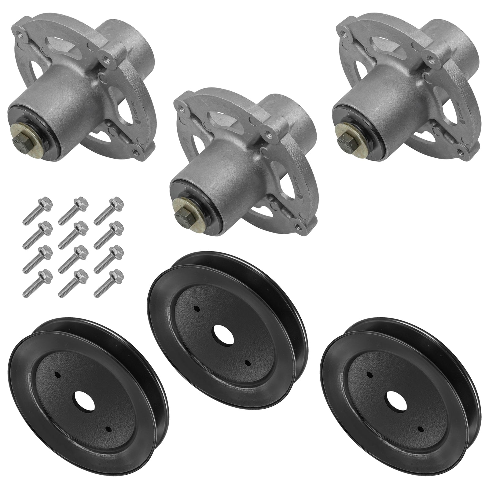 3 Spindle Assemblies + Pulley 84003654 spindle assembly for Murray Simplicity mower deck.