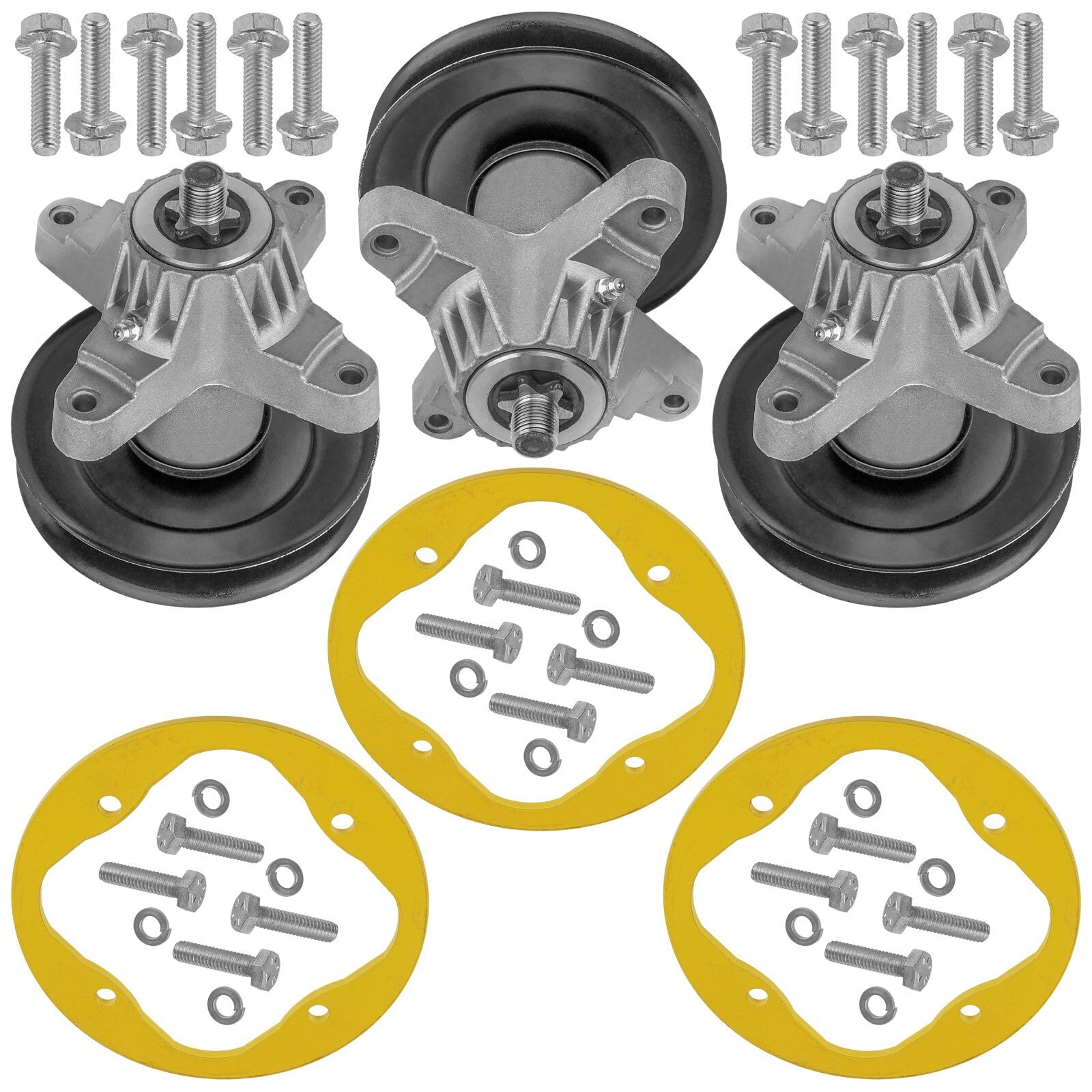 3 Spindle Assemblies + Pulley + Hardware 918-04474B spindle assembly for MTD Toro mower deck.