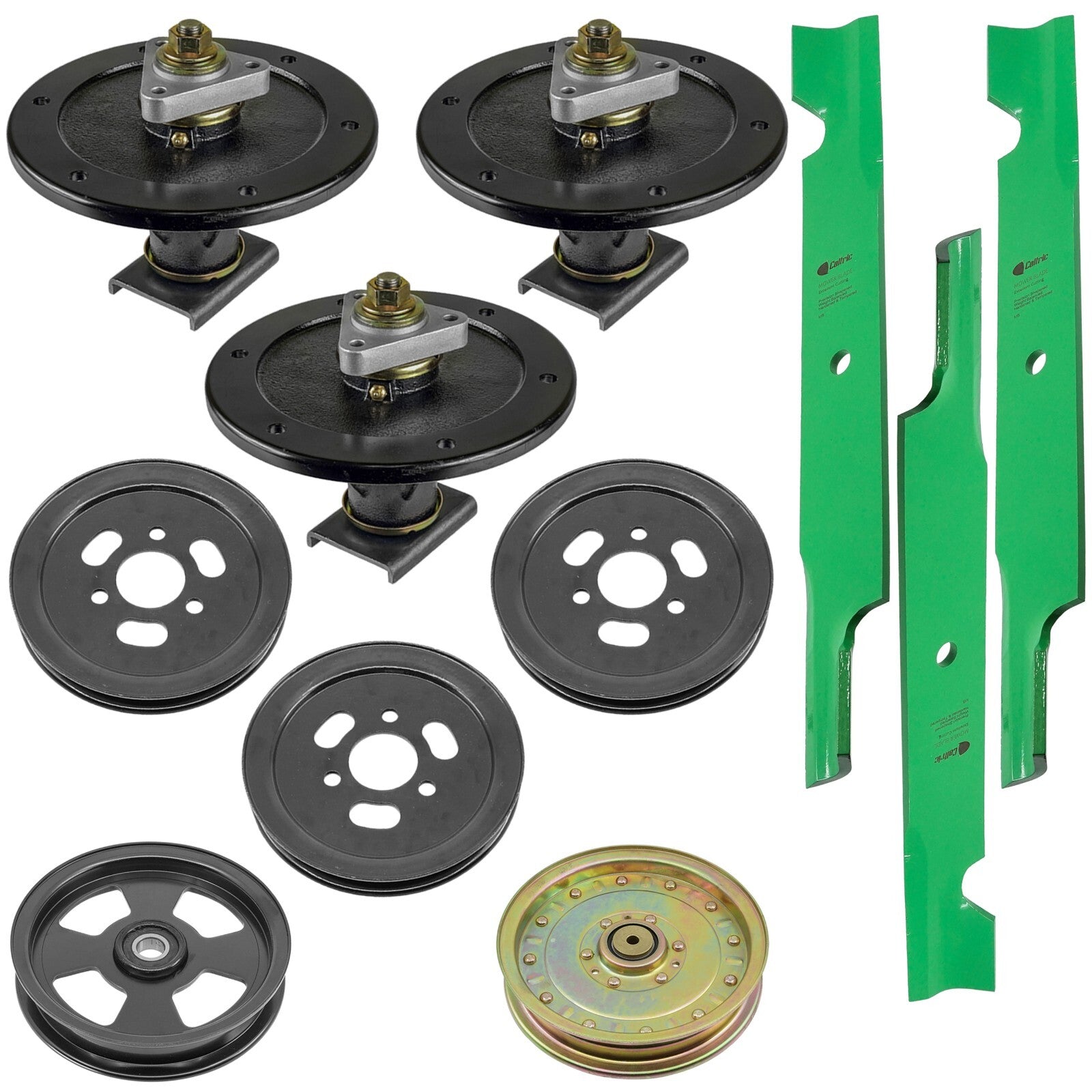 3 Spindle Assemblies + Pulley + Blade 107-8504 spindle assembly for Toro John Deere mower deck.