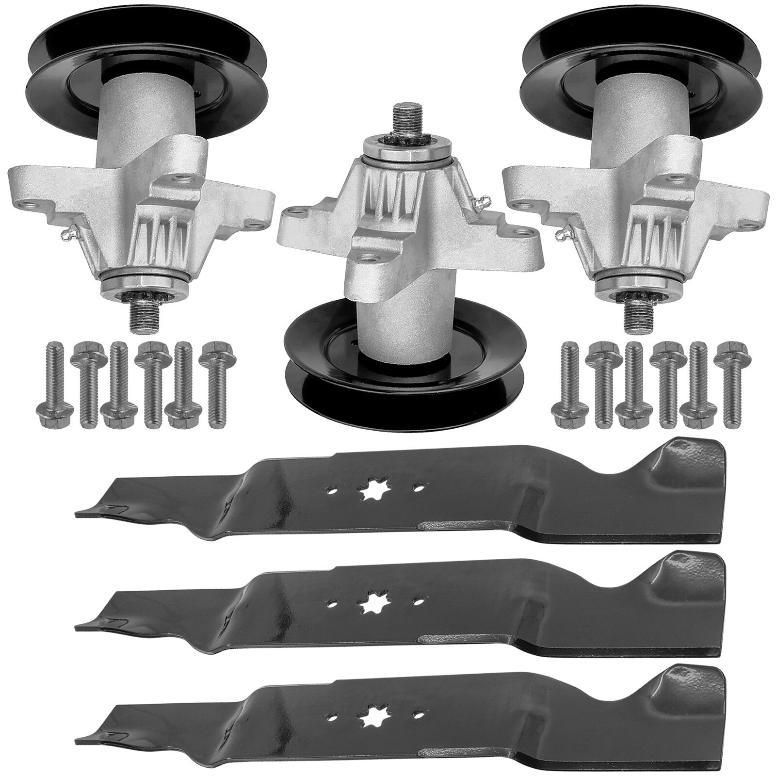 3 Spindle Assemblies + Pulley + Blade 618-04125 spindle assembly for MTD Cub Cadet mower deck.