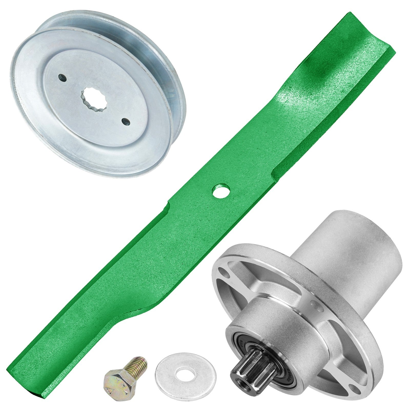 1 Spindle Assembly + Pulley + Blade 607418 spindle assembly for Hustler John Deere mower deck.