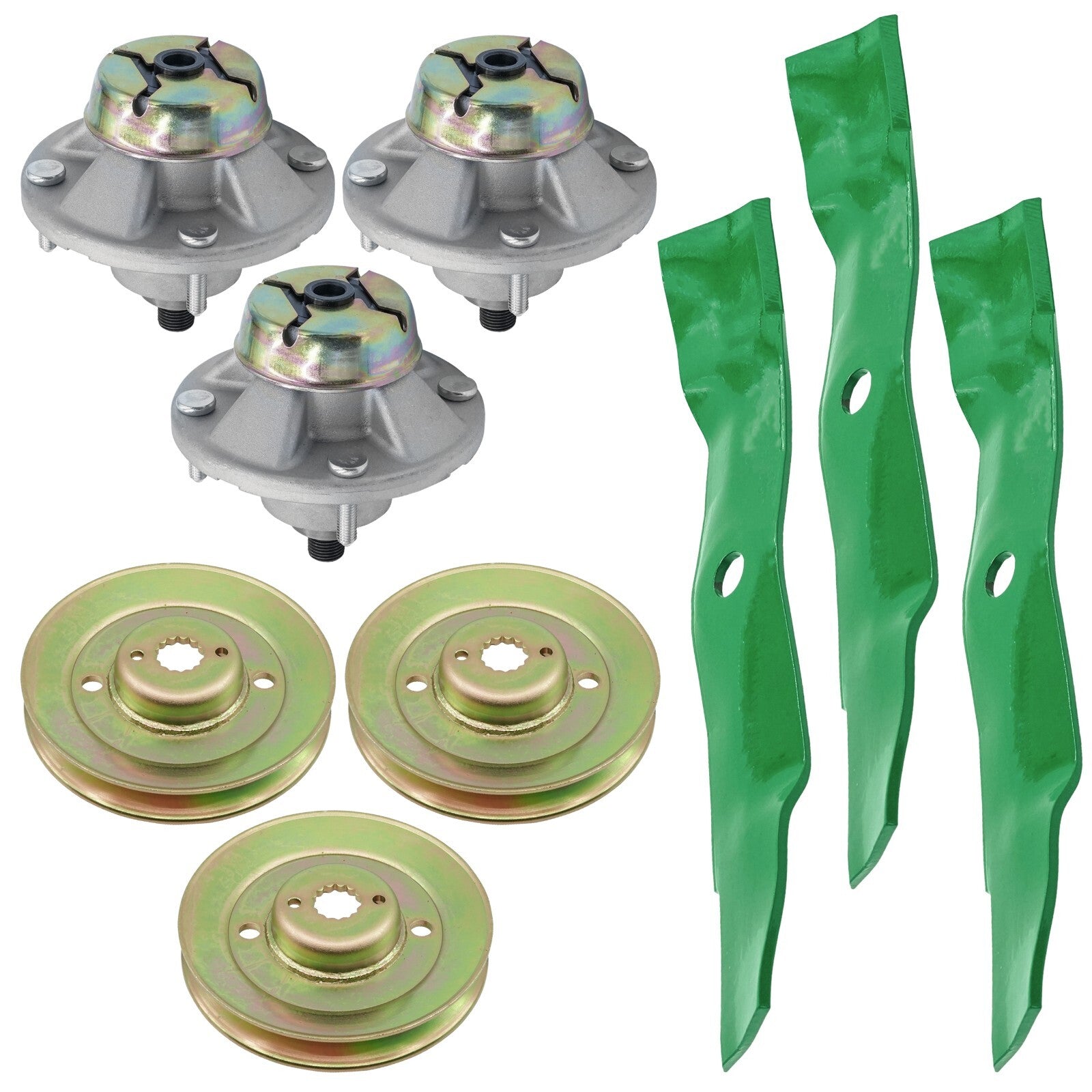 3 Spindle Assemblies + Pulley + Blade AM144377 spindle assembly for John Deere mower deck.