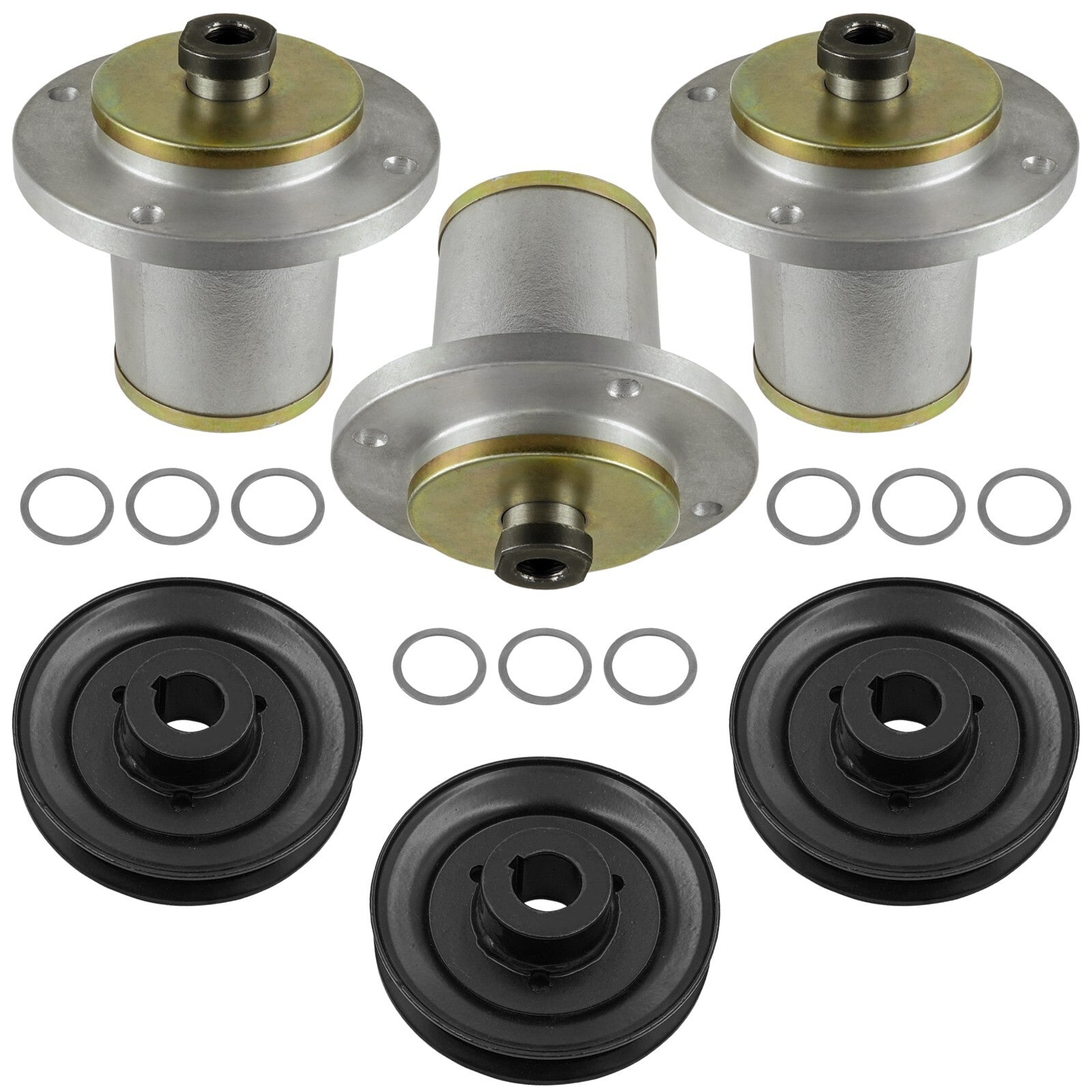 3 Spindle Assemblies + Pulley 539107408 spindle assembly for Husqvarna Dixon mower deck.