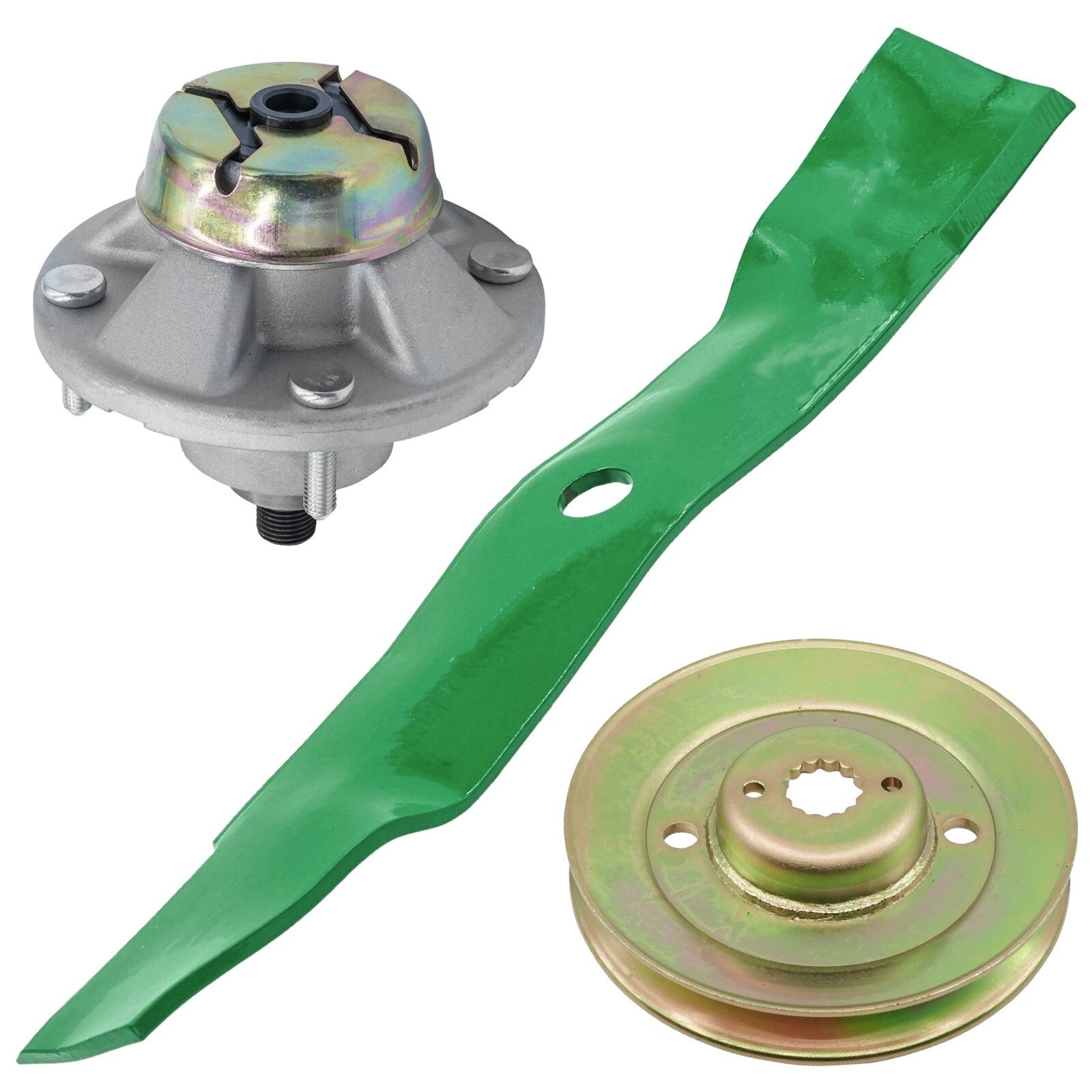 1 Spindle Assembly + Pulley + Blade AM144377 spindle assembly for John Deere mower deck.