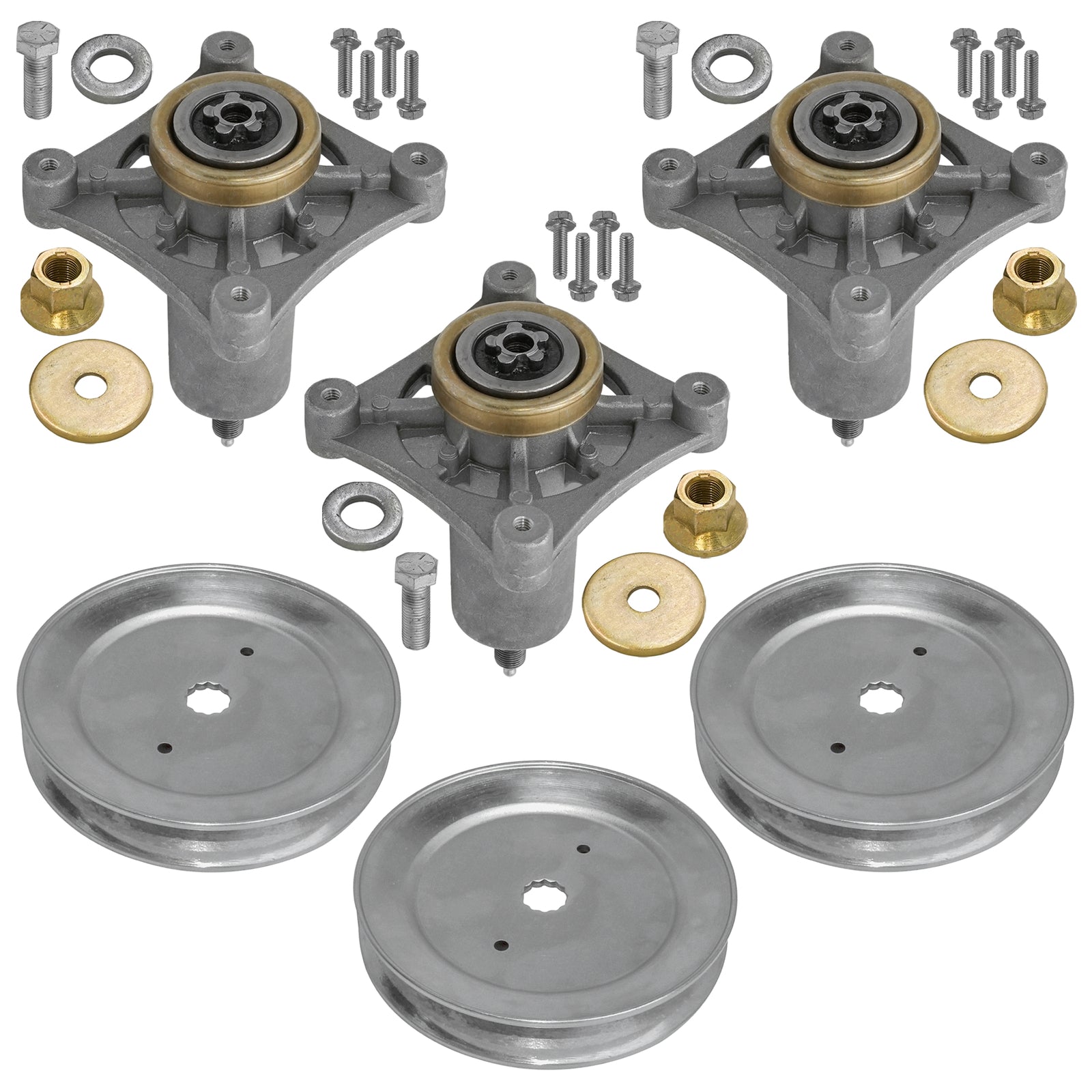 3 Spindle Assemblies + Pulley 21549017 spindle assembly for Ariens mower deck.