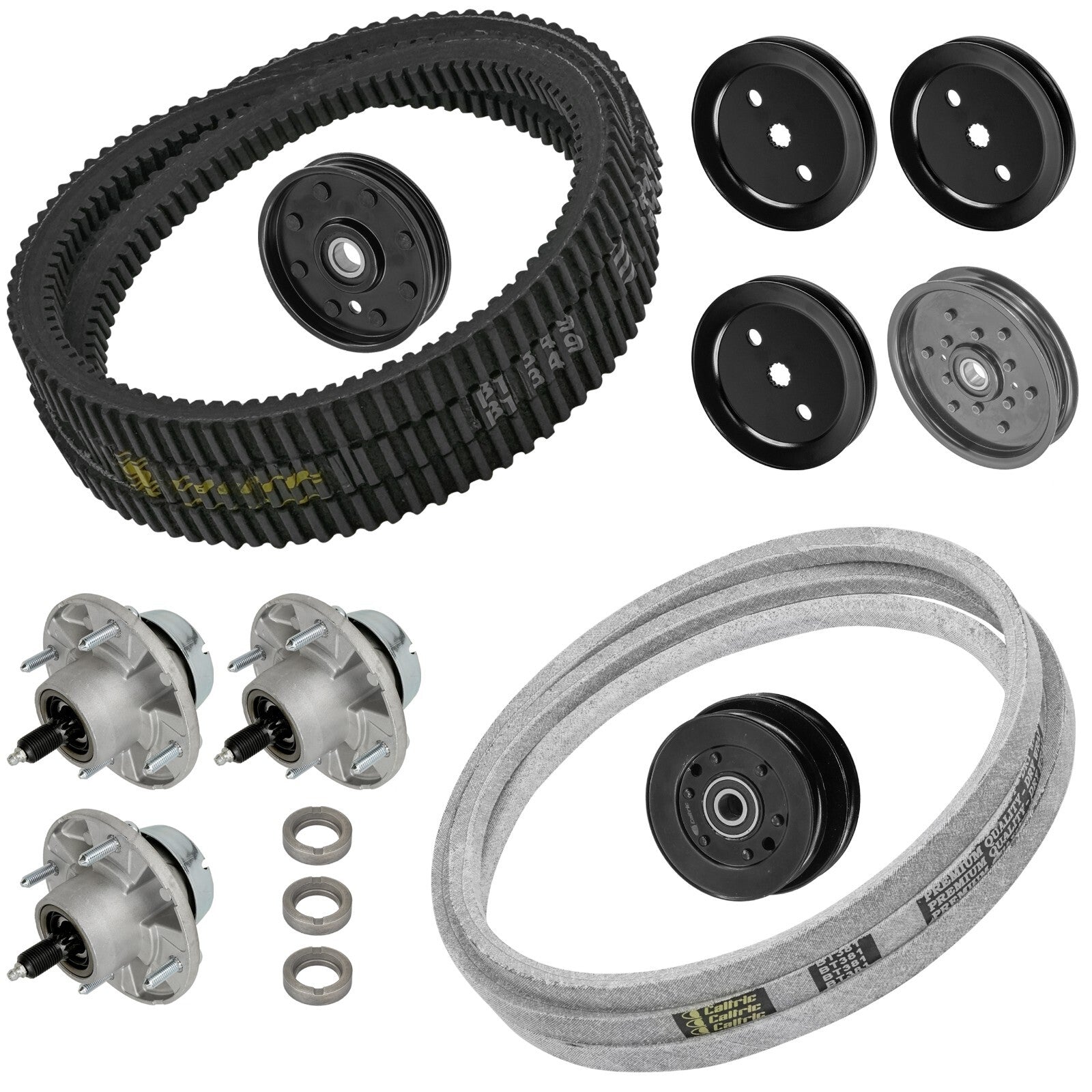 3 Spindle Assemblies + Pulley + Belt AM144377 spindle assembly for John Deere mower deck.