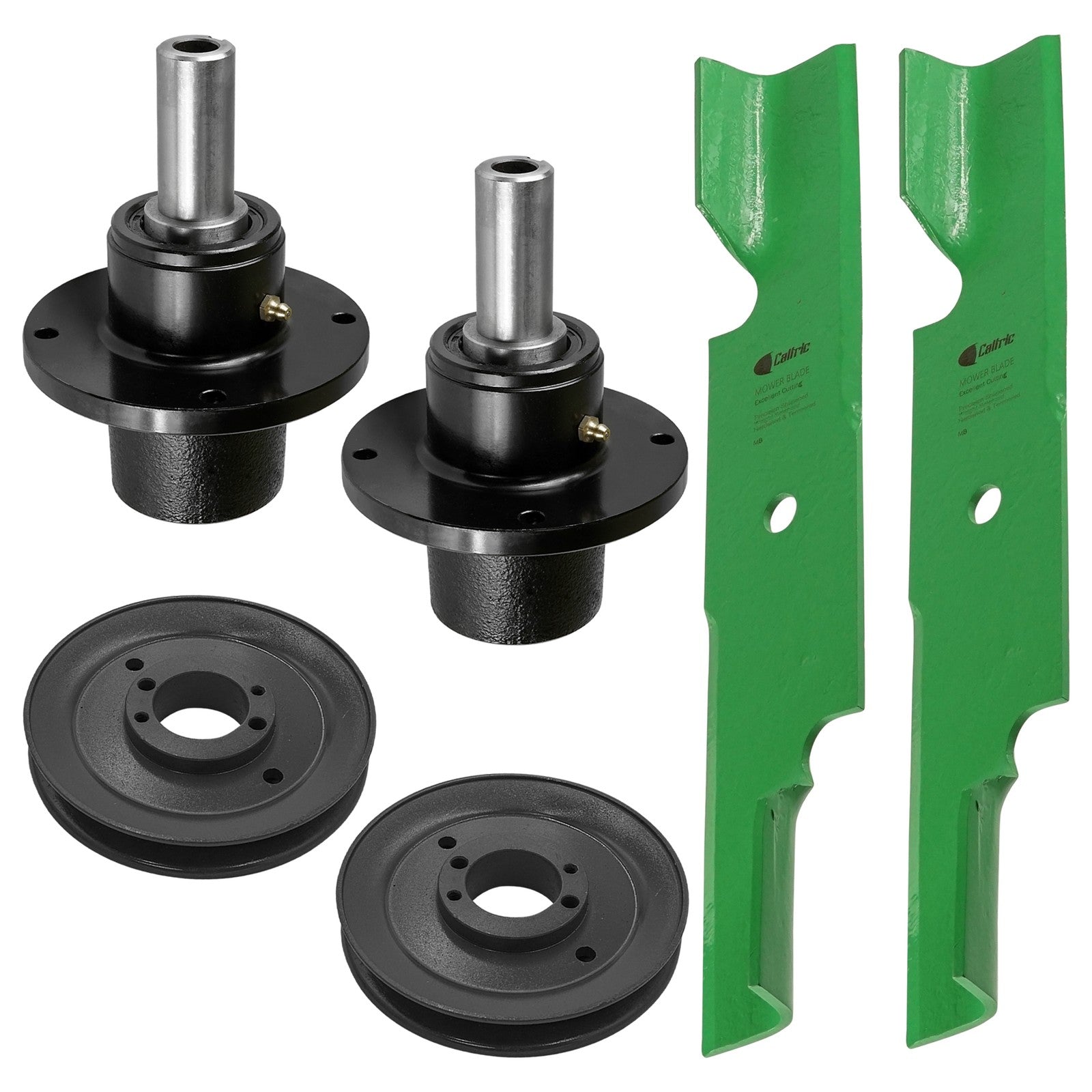 2 Spindle Assemblies + Pulley + Blade 43644 spindle assembly for Scag mower deck.