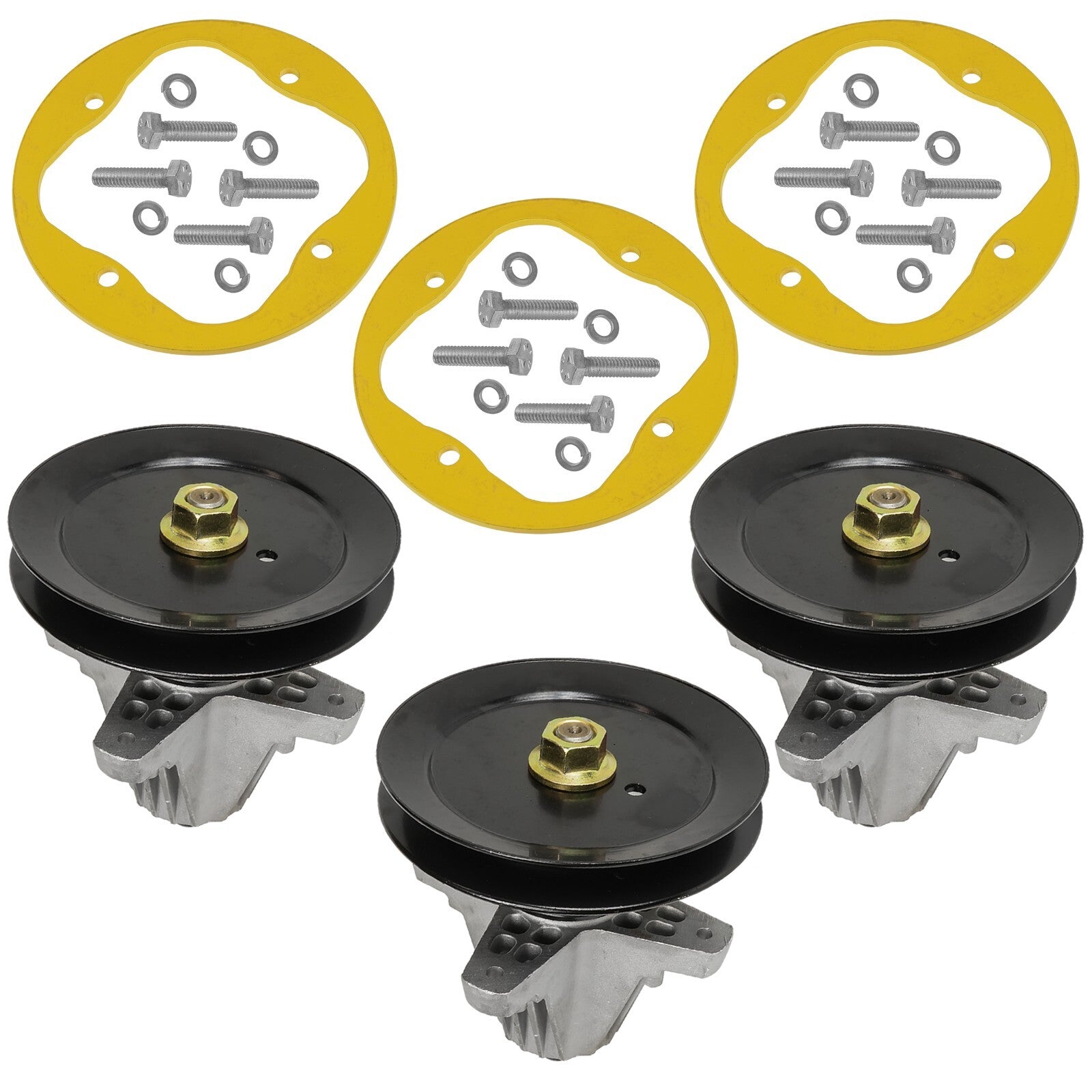 3 Spindle Assemblies + Pulley 918-04822B and reinforcement hardware. Spindle assembly for MTD mower deck.