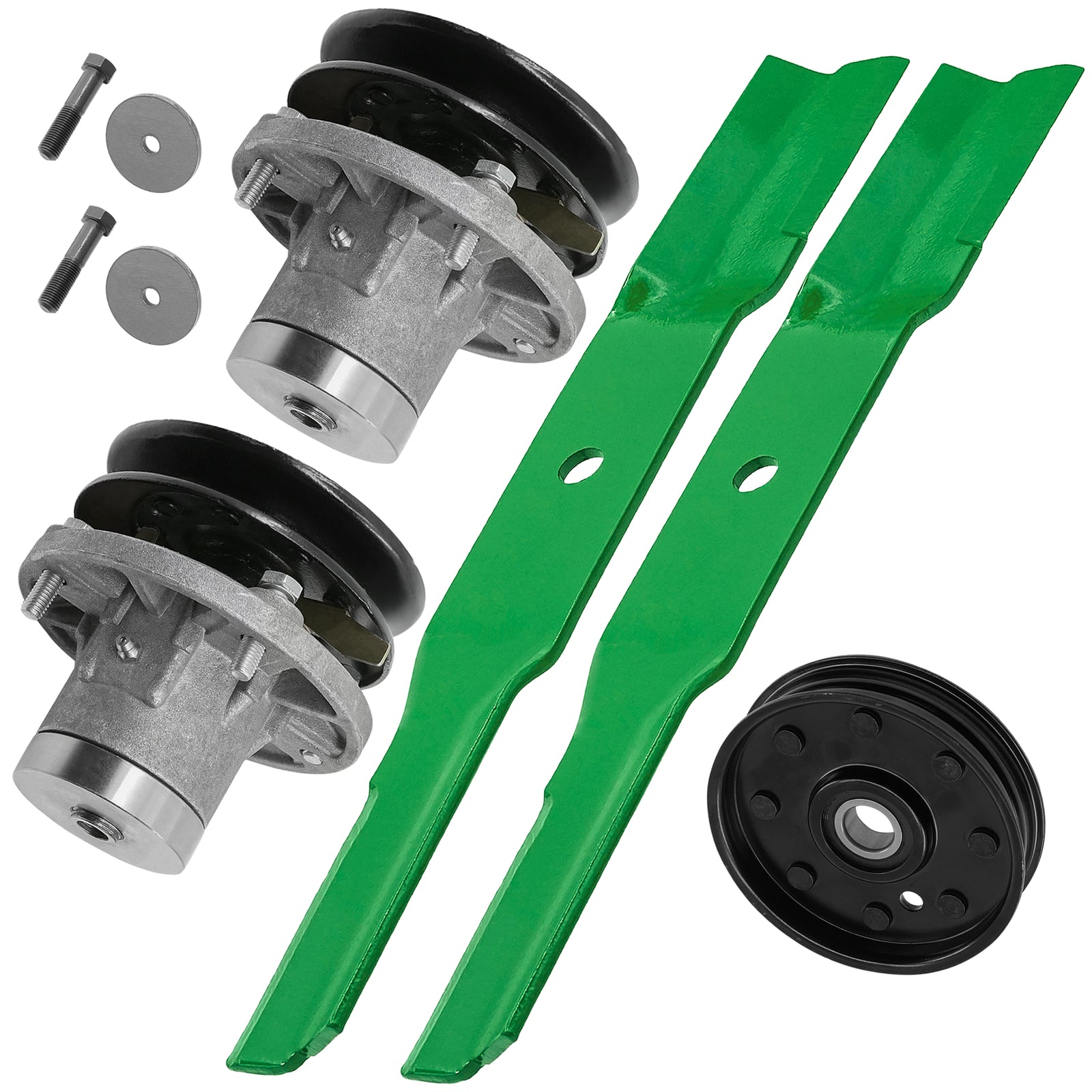 2 Spindle Assemblies + Pulley + Blade AM108925 spindle assembly for John Deere mower deck.