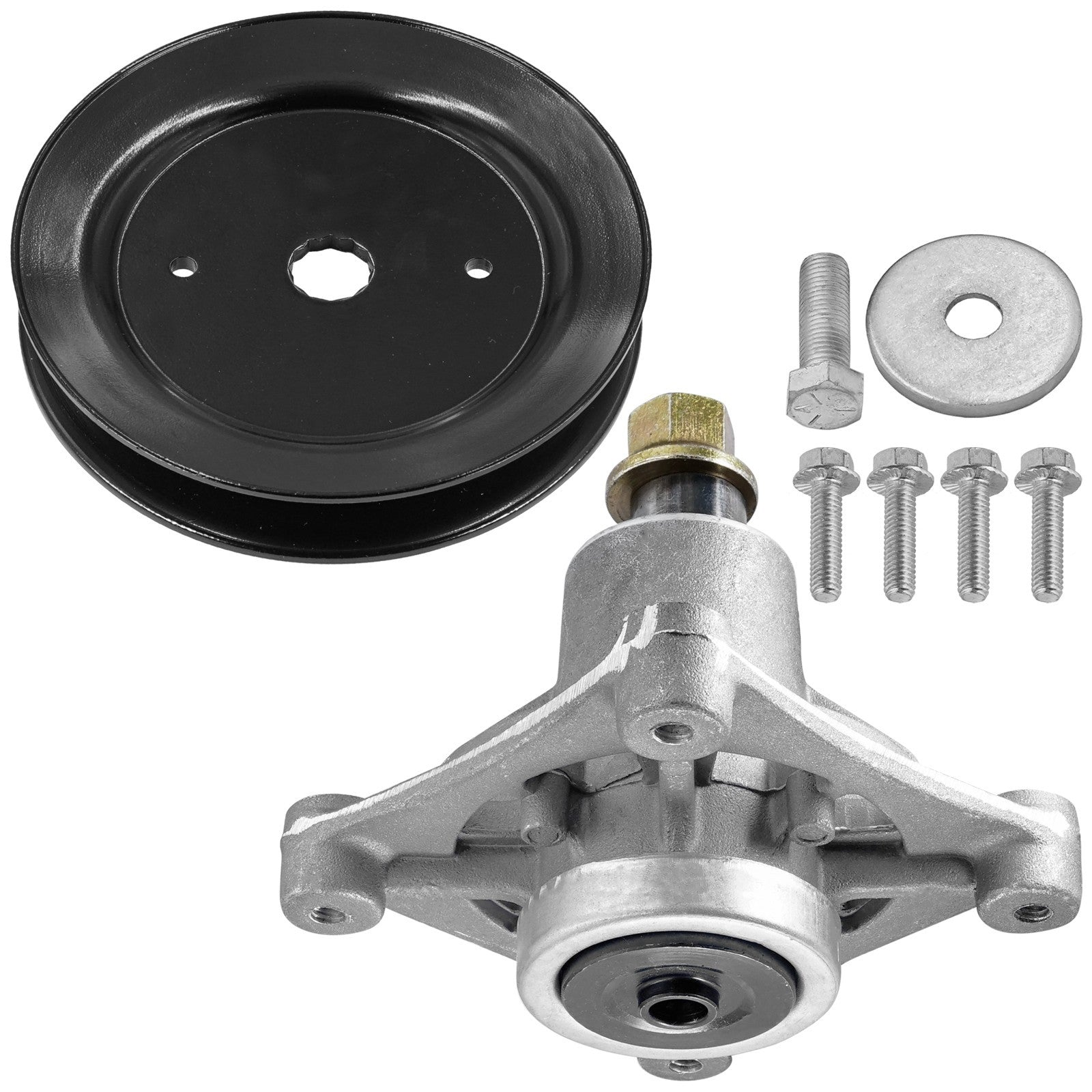 1 Spindle Assembly + Pulley 604214 spindle assembly for Hustler John Deere mower deck.