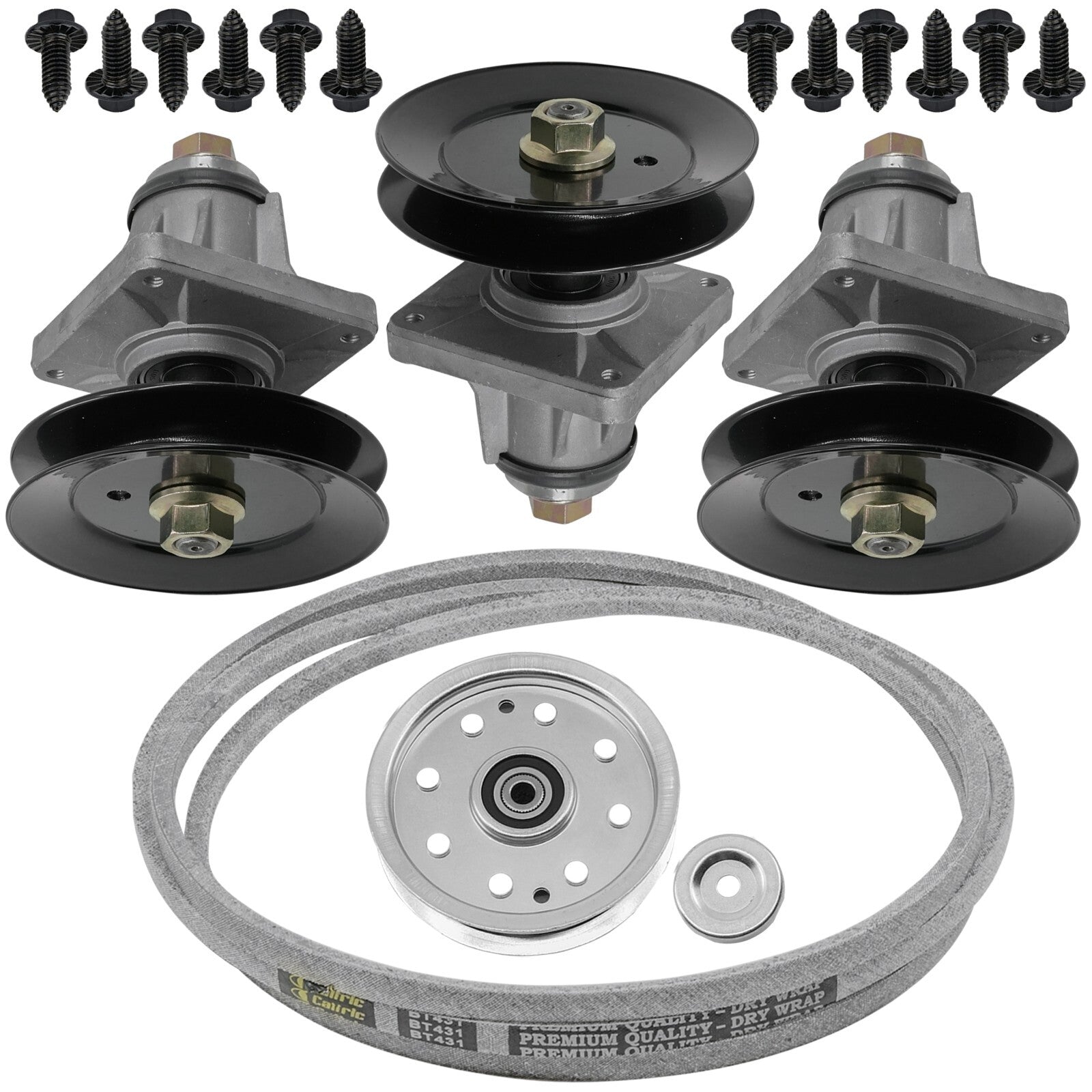 3 Spindle Assemblies + Pulley + Belt 618-0660 spindle assembly for MTD mower deck.