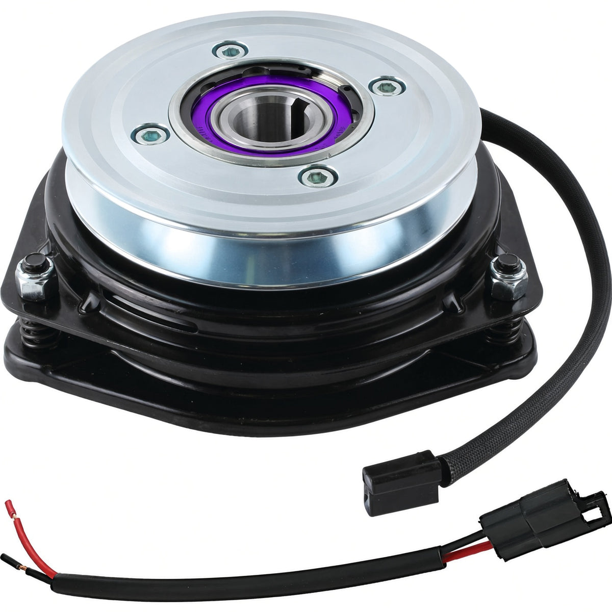 Angled view of Xtreme X0723 PTO clutch for Scag 462011 and 483261, showing silver pulley, black housing and separate wiring pigtail