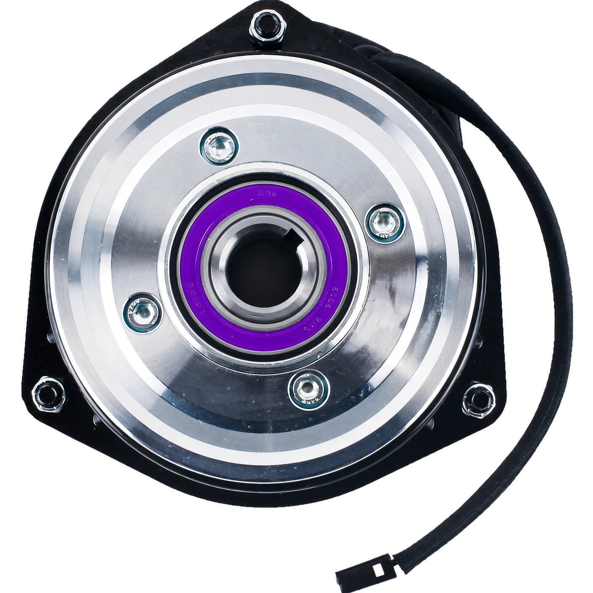 Xtreme X0723 PTO clutch for Scag 462011 and 483261, pulley-side view showing the keyed bore, bearing and wiring lead