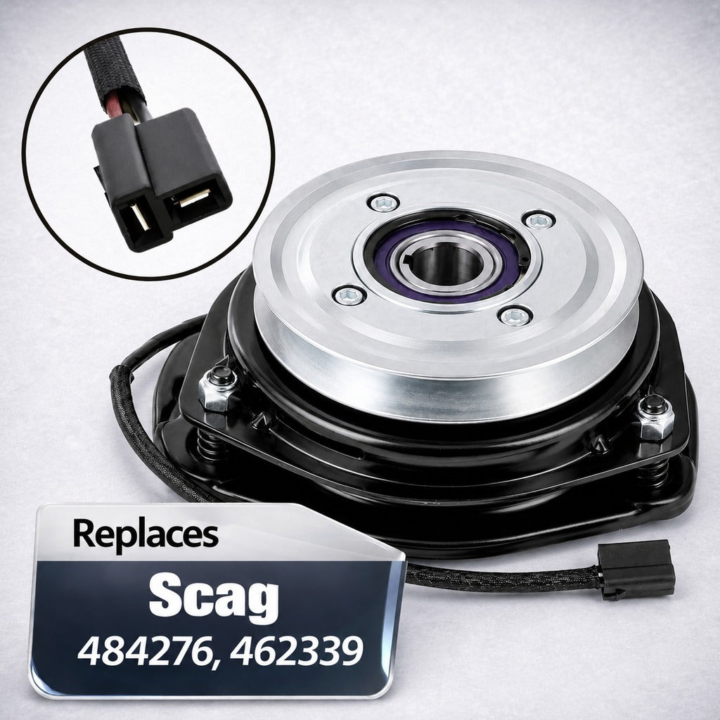Aftermarket Scag PTO clutch replacement with silver pulley, wiring connector close-up, and replacement reference frame for Scag 484276 and 462339.