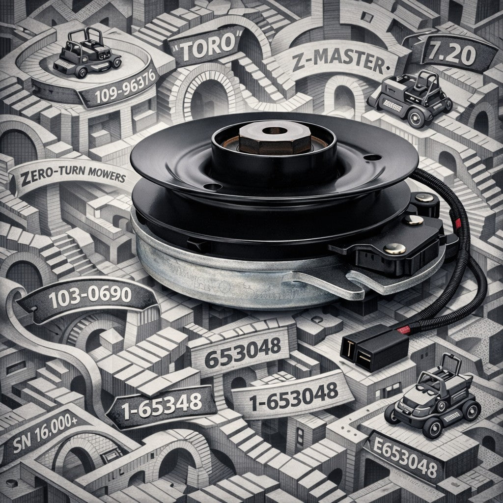 103-0690 Electric PTO clutch against surreal escher style background with information cryptically encoded.